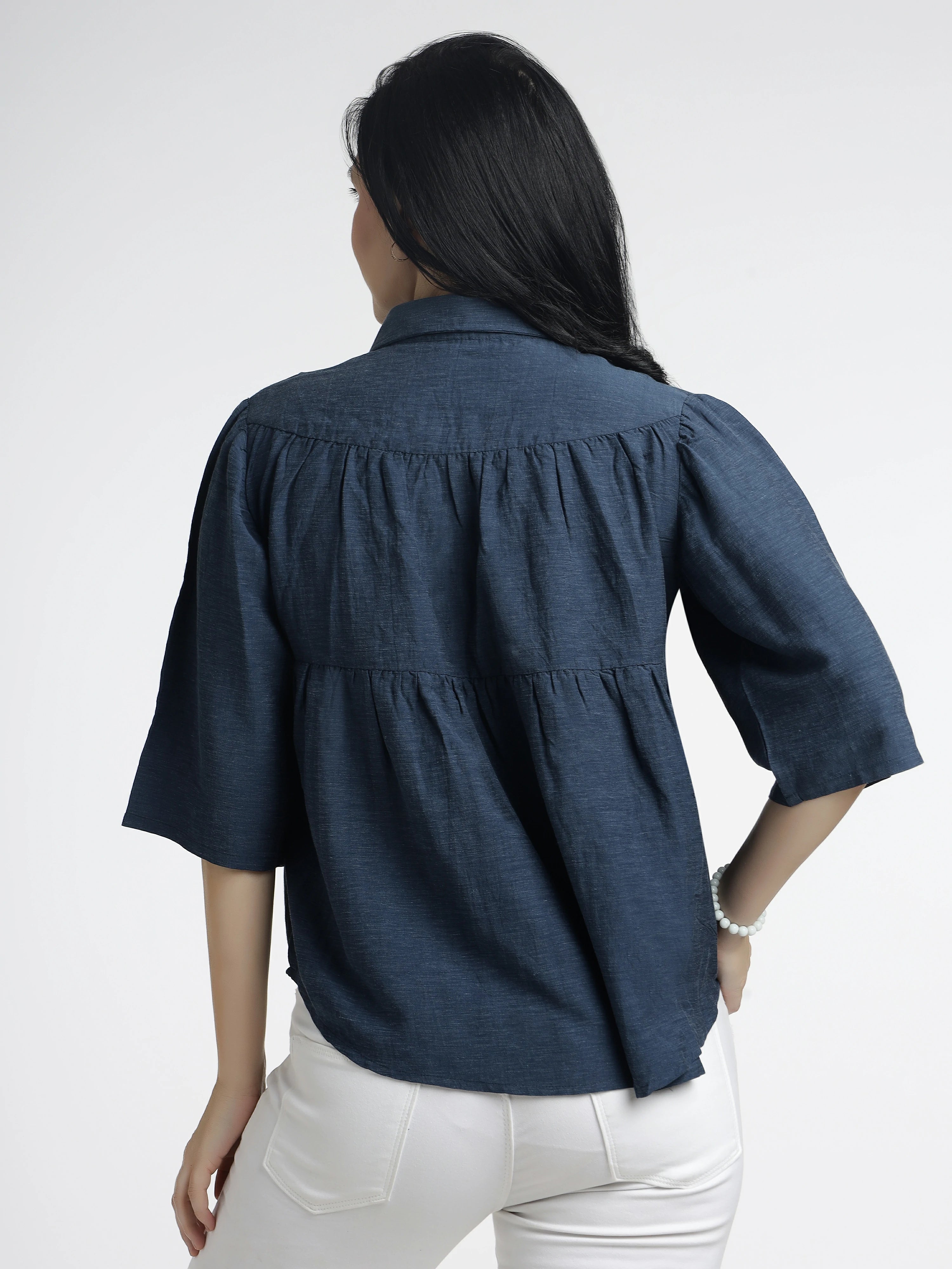 Women’s Solid Navy Button-Down Flared Top