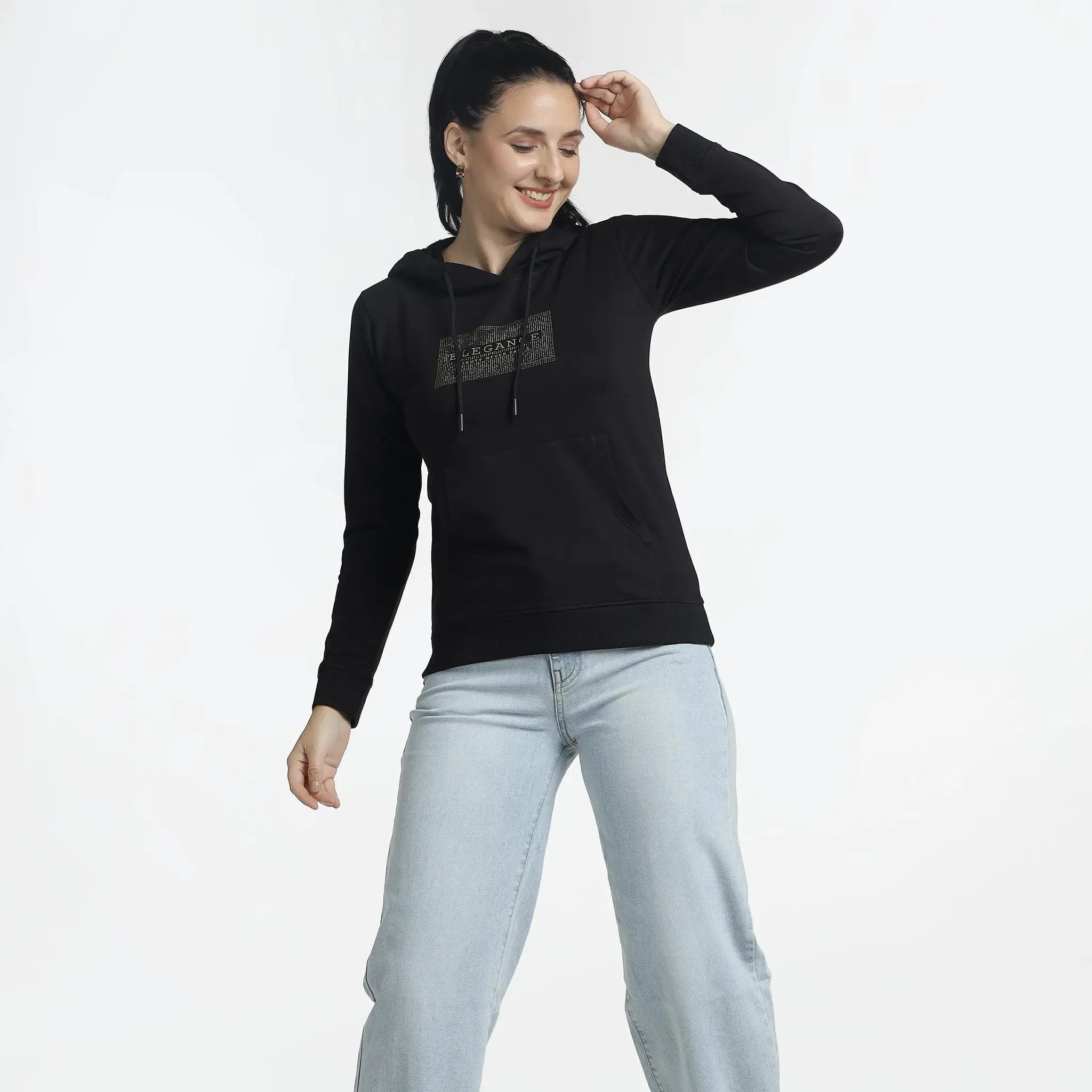 Women’s Black Hoodie with Trendy Print Design for Stylish Comfort - ASTRON