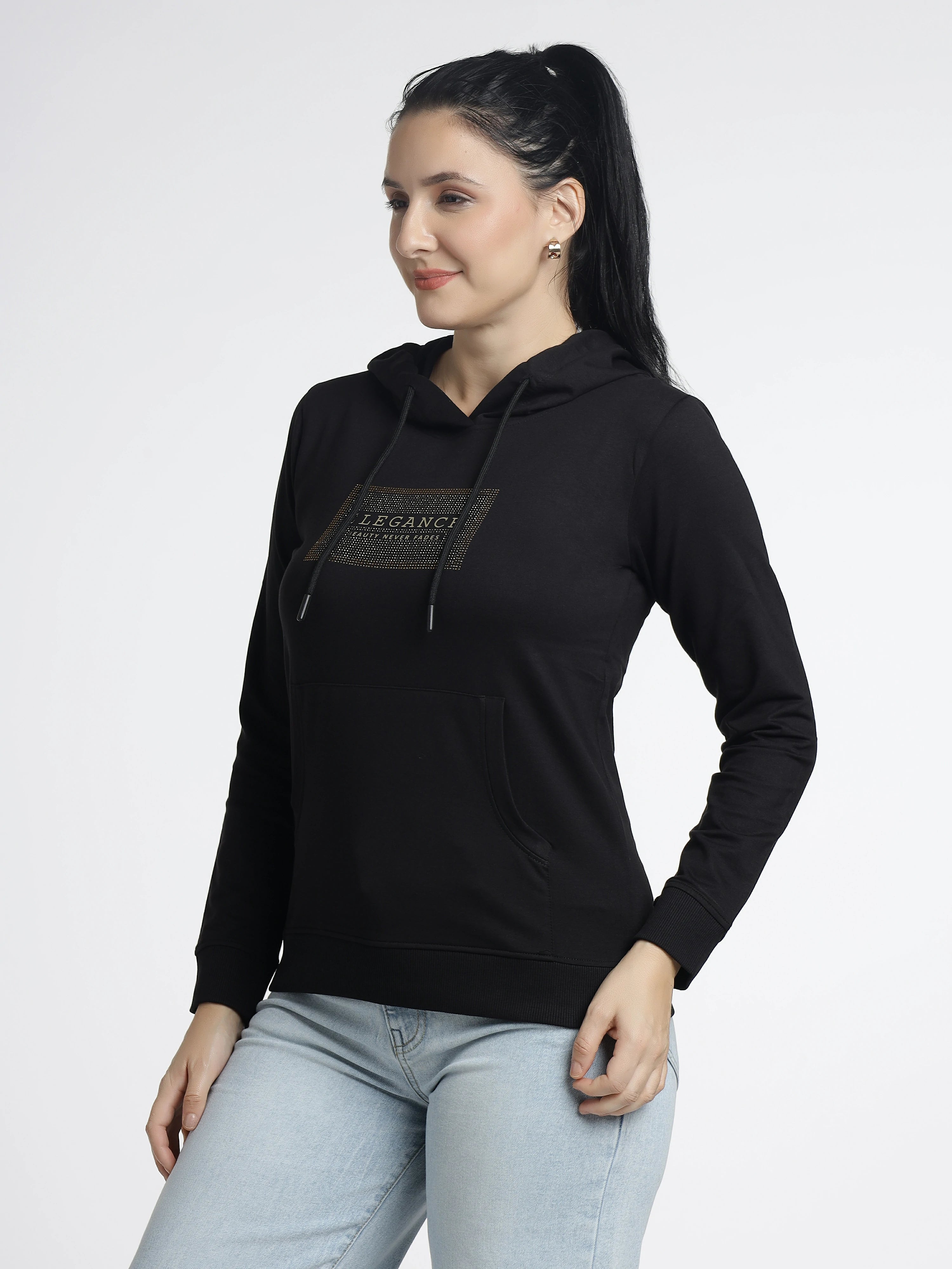 Women’s Black Printed Hoodie