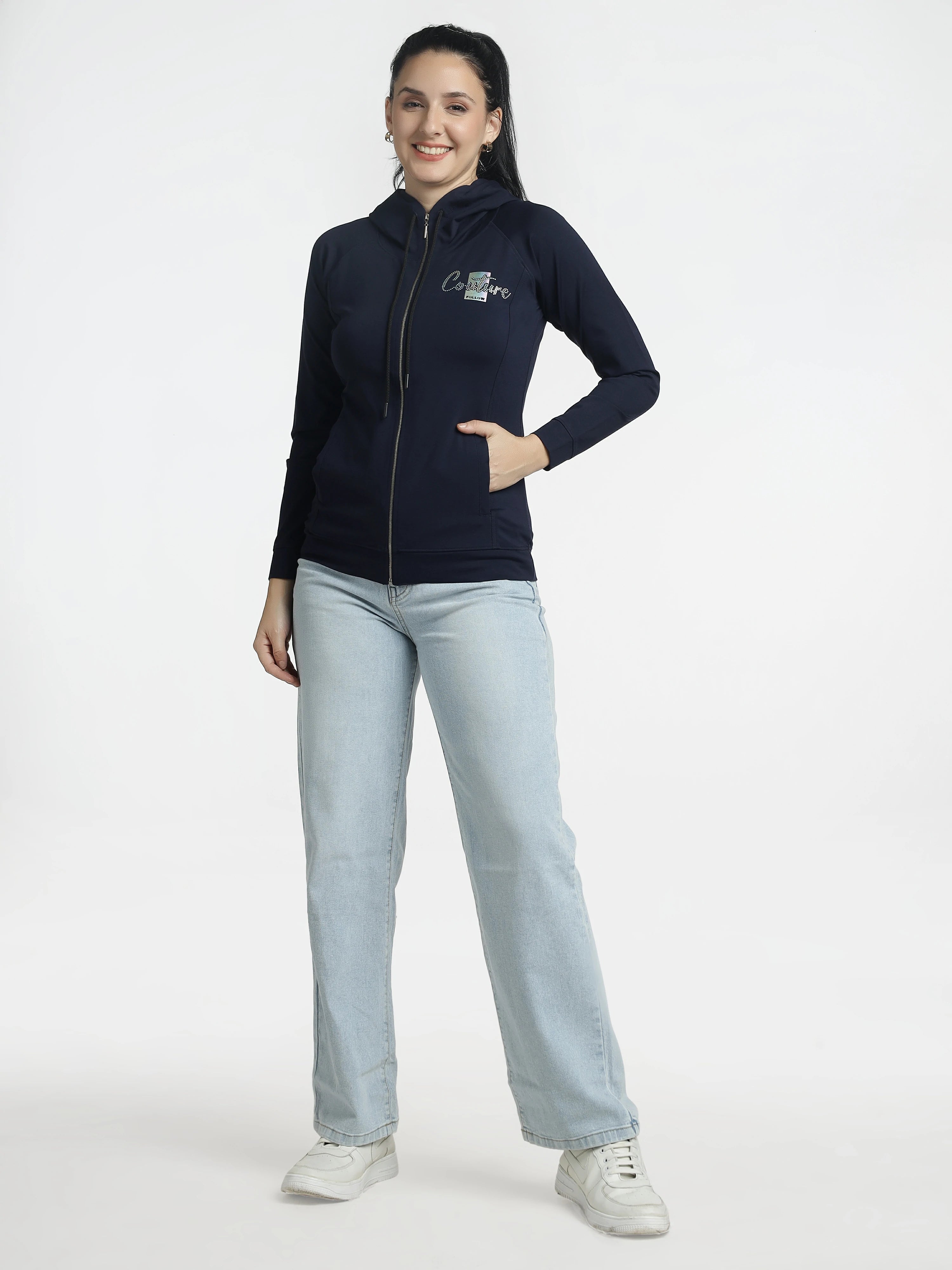 Women’s Navy Blue Embellished Zip-Up Hoodie