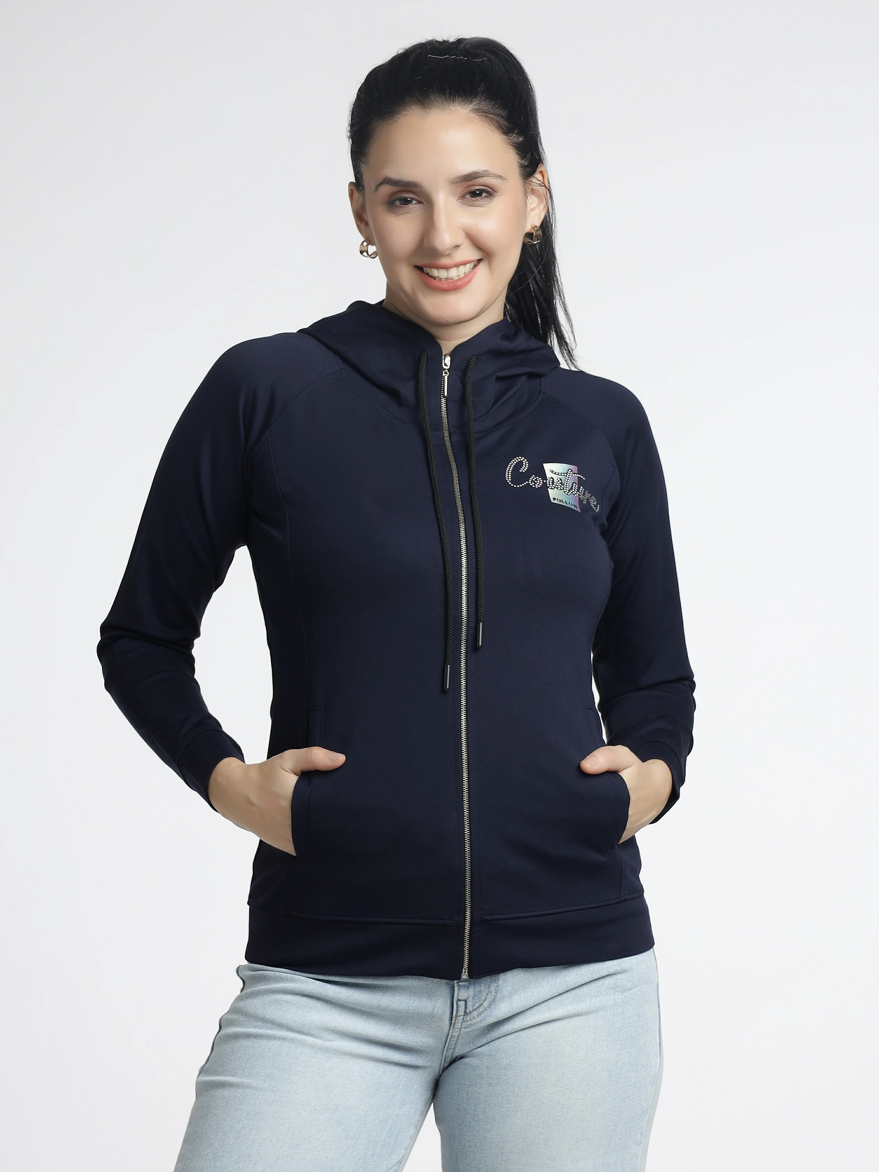 Women’s Navy Blue Embellished Zip-Up Hoodie