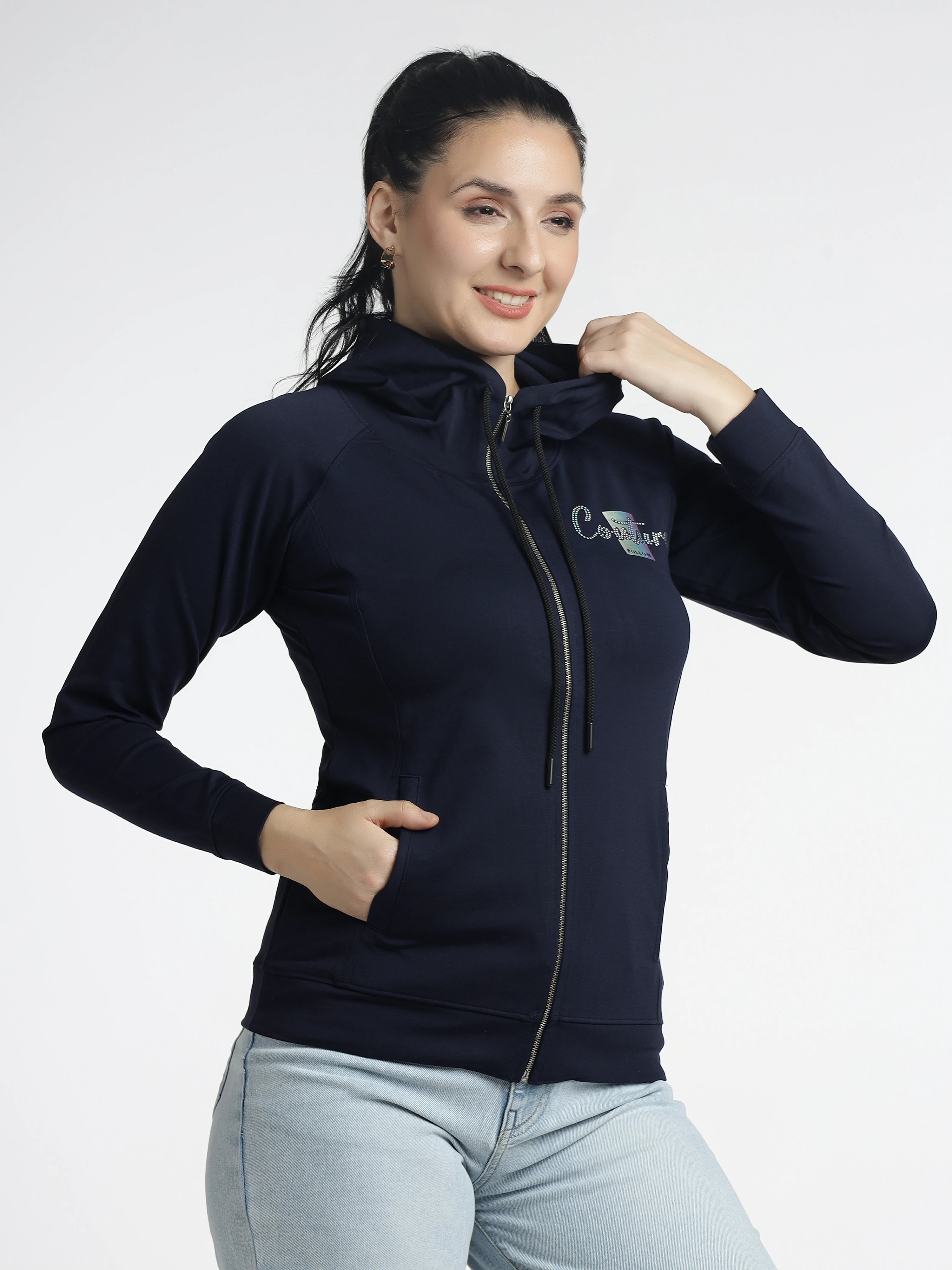 Women’s Navy Blue Embellished Zip-Up Hoodie