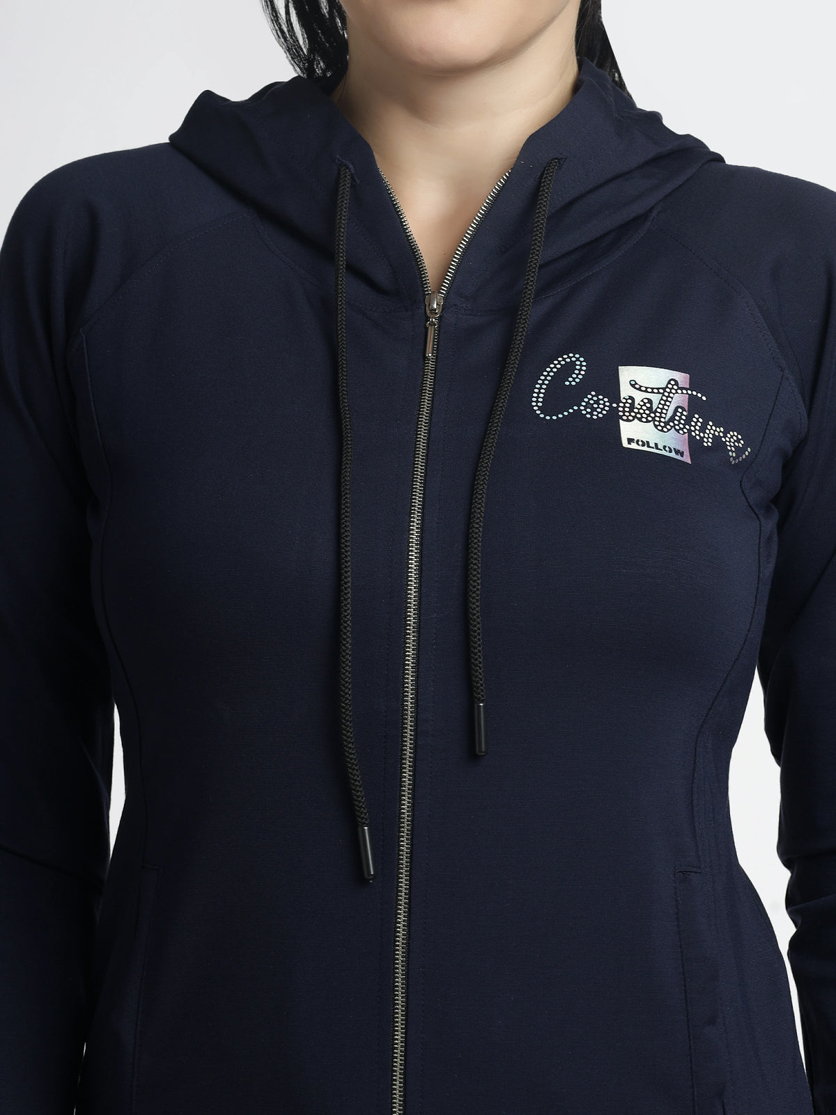 Women’s Navy Blue Embellished Zip-Up Hoodie