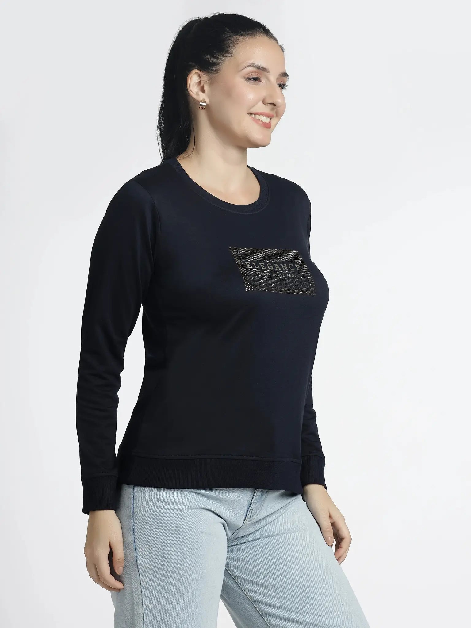 Women's Embellished Navy Blue Sweatshirt - Stylish Comfort for Every Occasion - ASTRON
