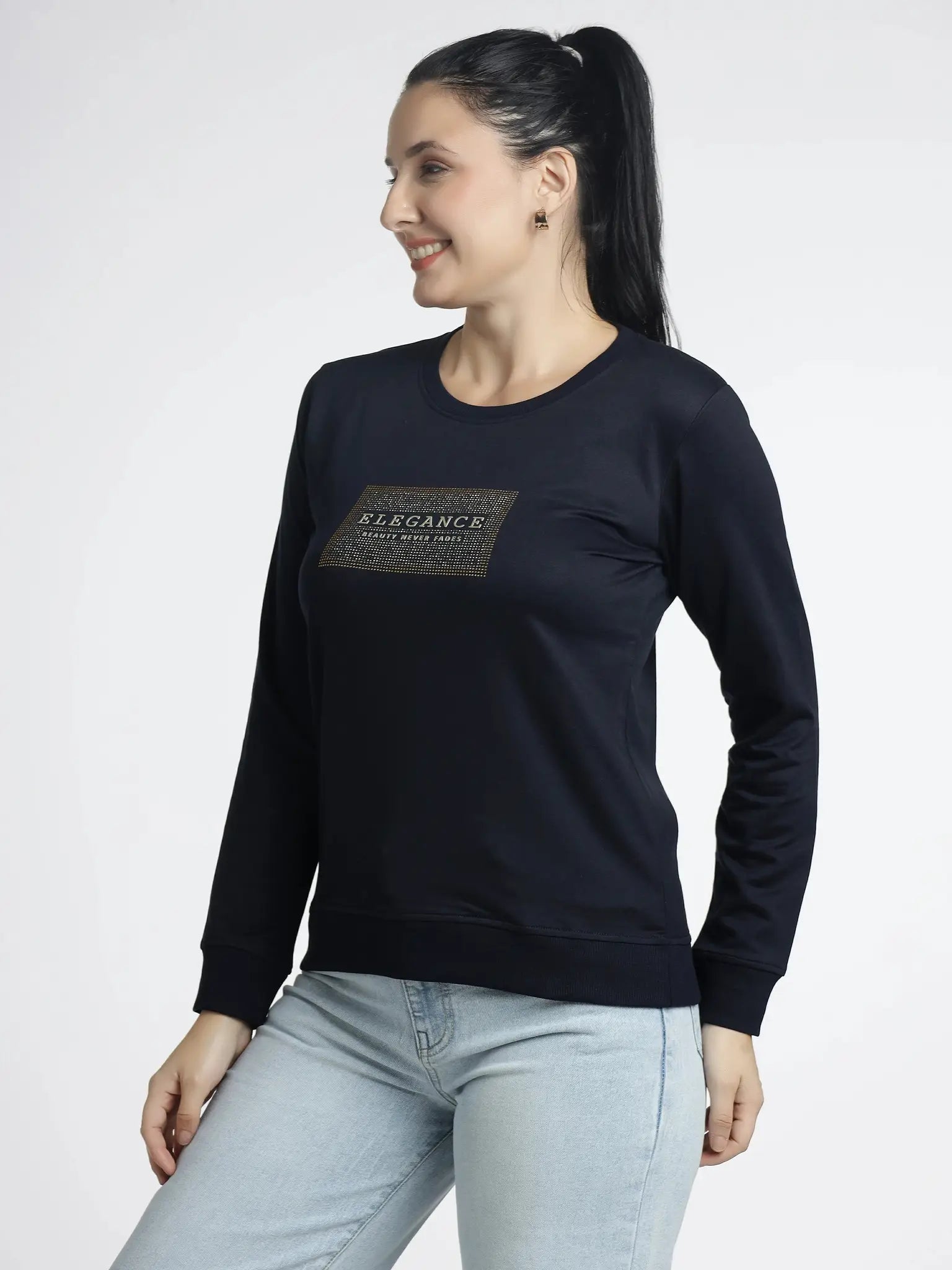 Women's Embellished Navy Blue Sweatshirt - Stylish Comfort for Every Occasion - ASTRON