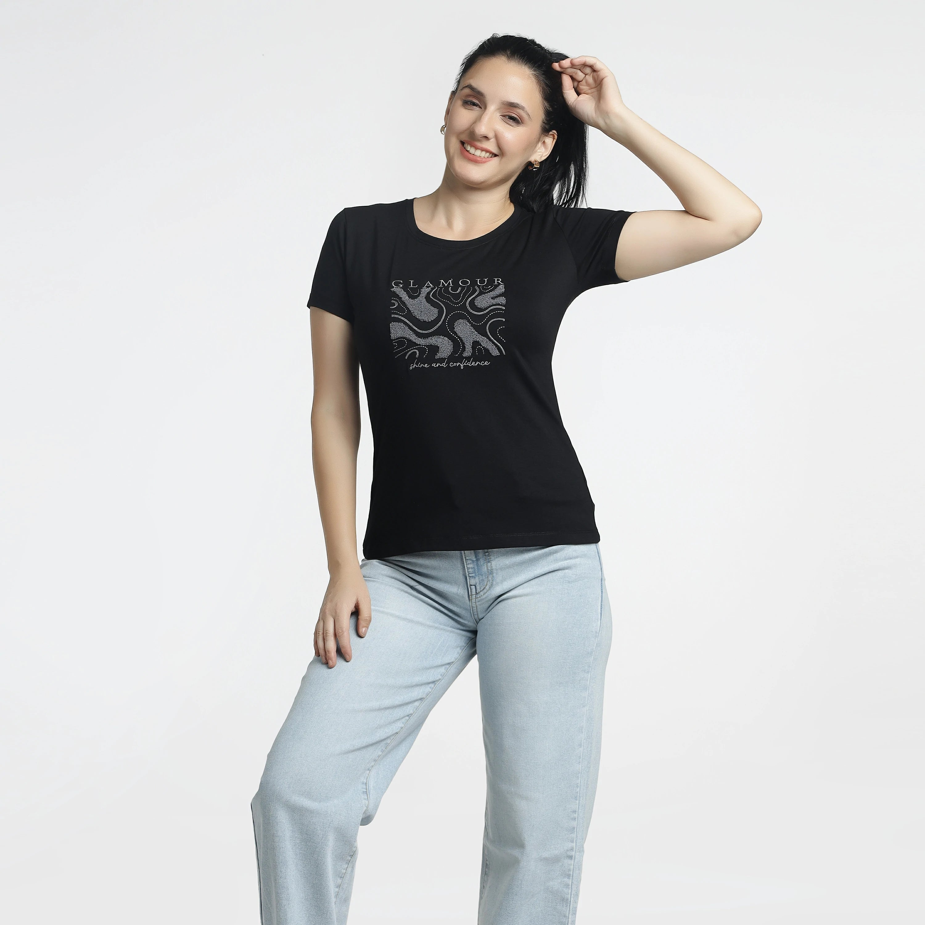 Women’s Printed T-Shirt-Glamour Embroidered Round-Neck Tee
