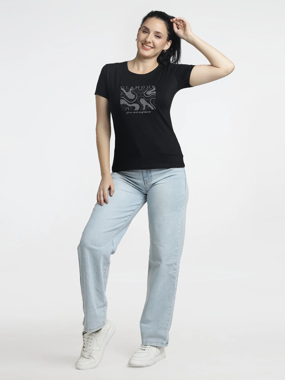 Women’s Printed T-Shirt-Glamour Embroidered Round-Neck Tee