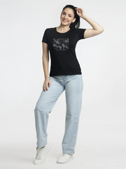 Women’s Printed T-Shirt-Glamour Embroidered Round-Neck Tee