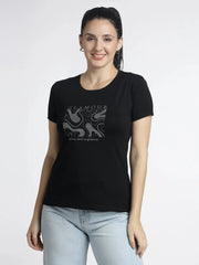 Women's Embroidered Printed T-Shirt - Glamour Round-Neck Tee - ASTRON