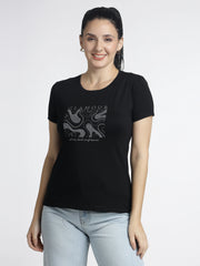 Women’s Printed T-Shirt-Glamour Embroidered Round-Neck Tee