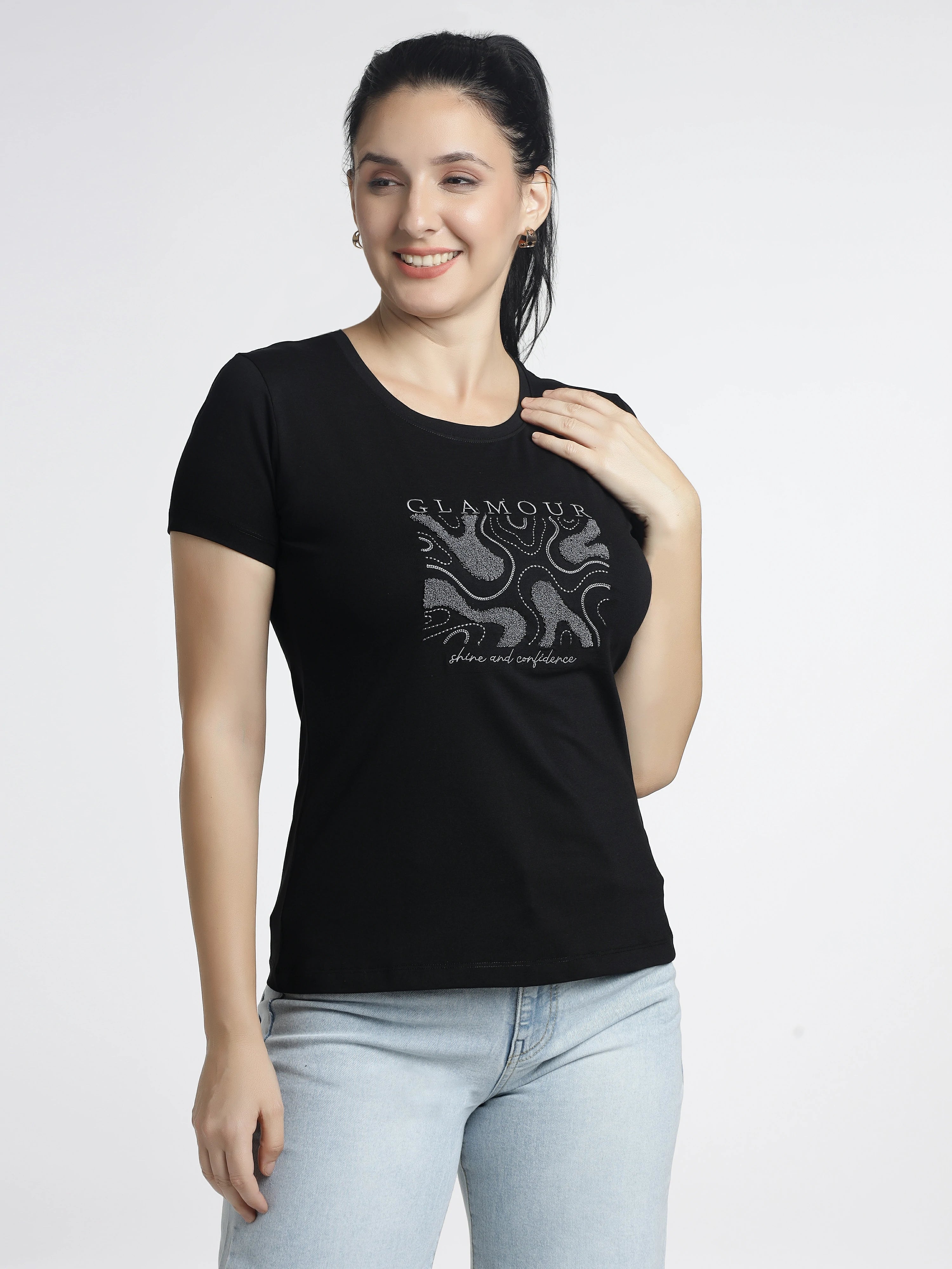 Women’s Printed T-Shirt-Glamour Embroidered Round-Neck Tee