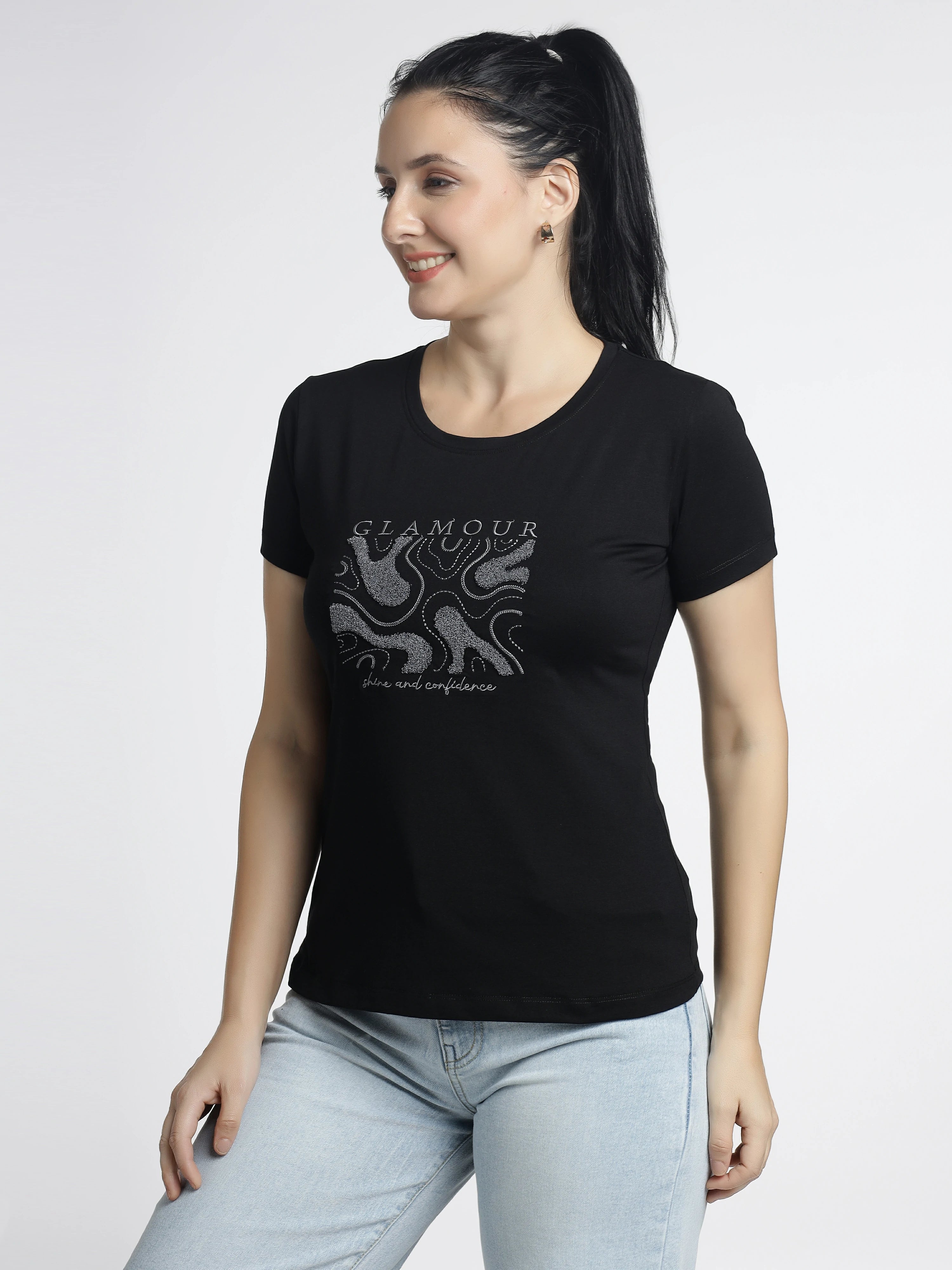 Women’s Printed T-Shirt-Glamour Embroidered Round-Neck Tee