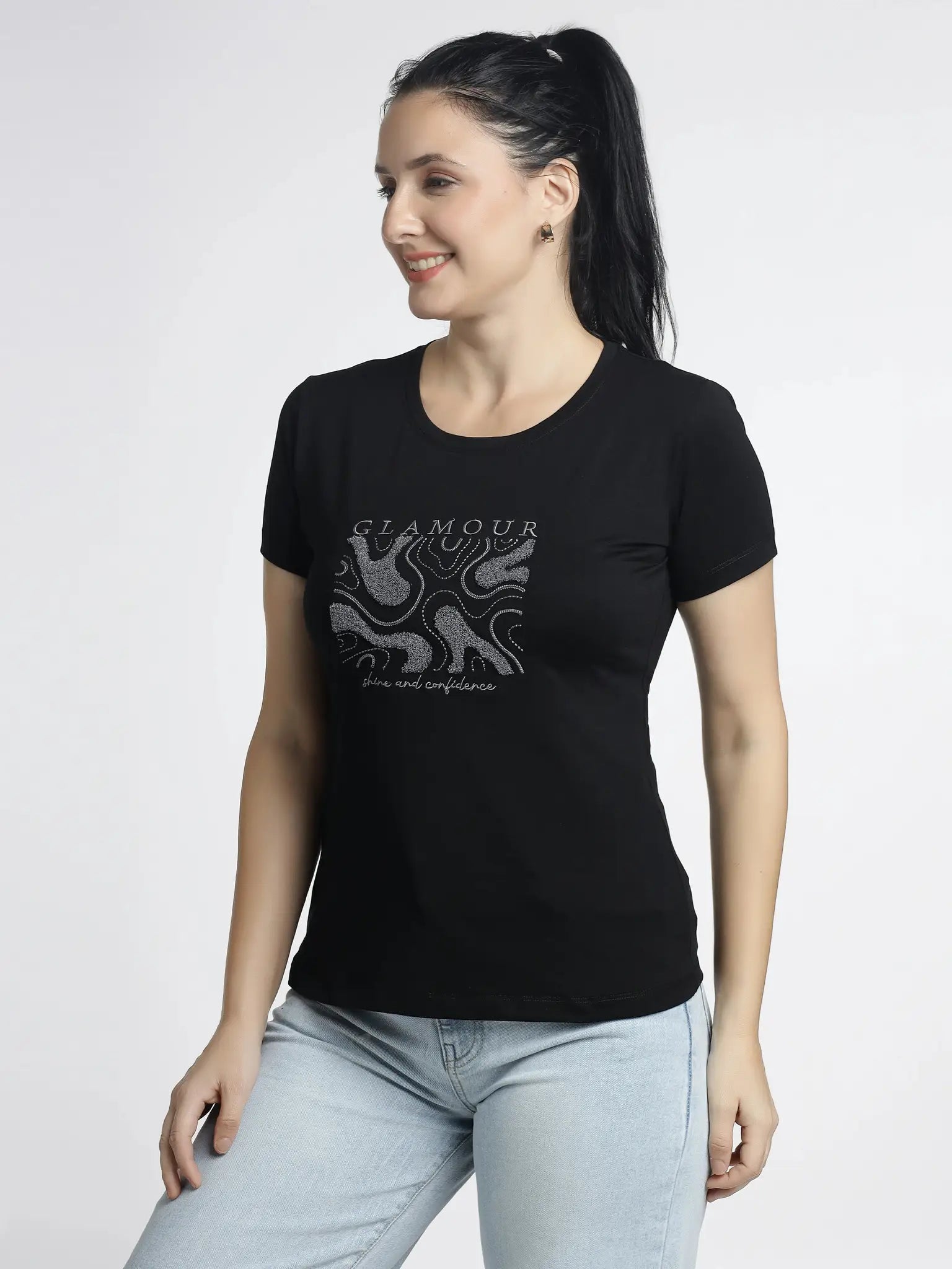 Women's Embroidered Printed T-Shirt - Glamour Round-Neck Tee - ASTRON