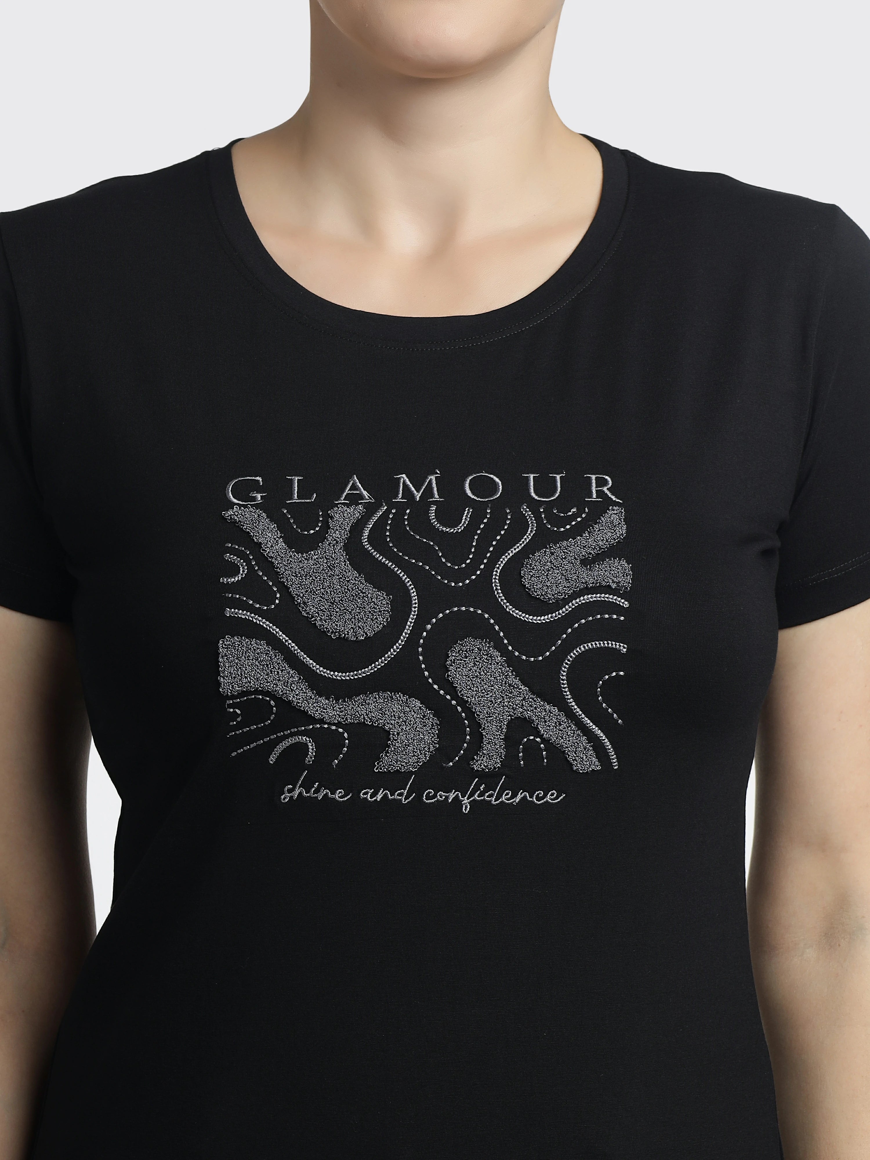 Women’s Printed T-Shirt-Glamour Embroidered Round-Neck Tee