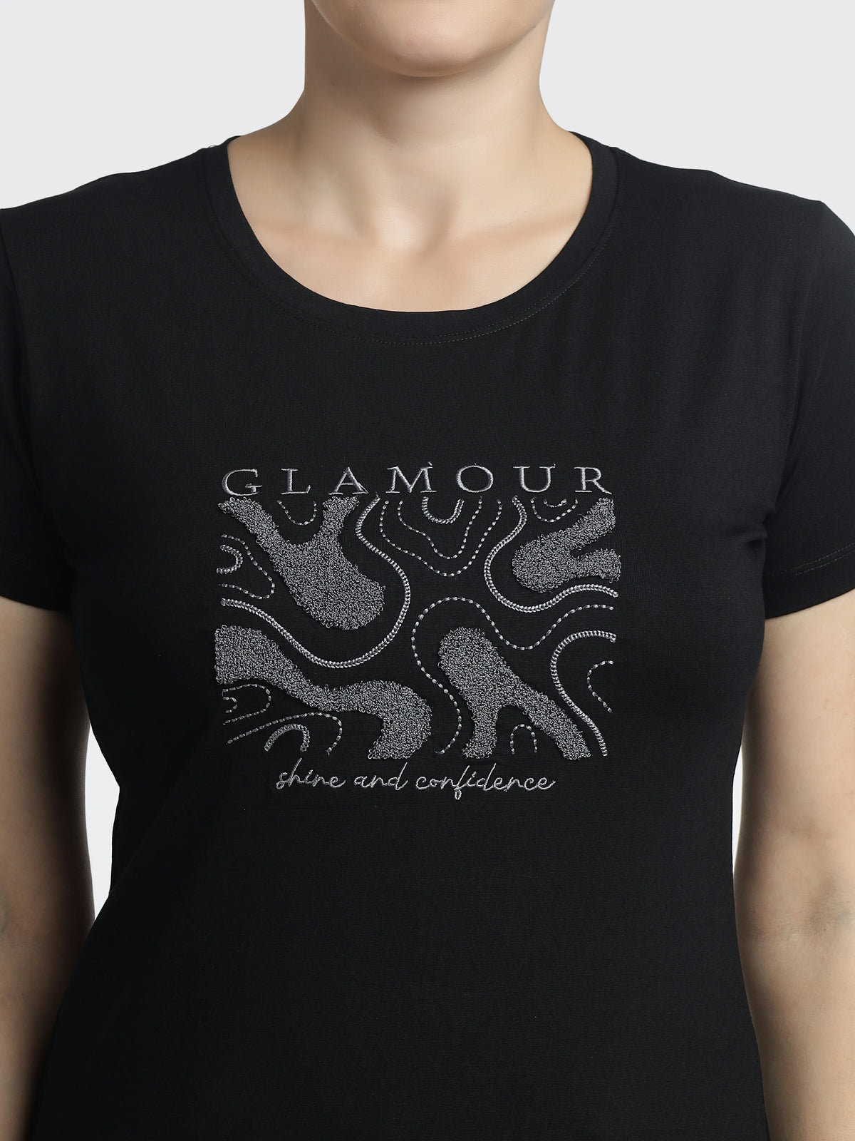 Women’s Printed T-Shirt-Glamour Embroidered Round-Neck Tee
