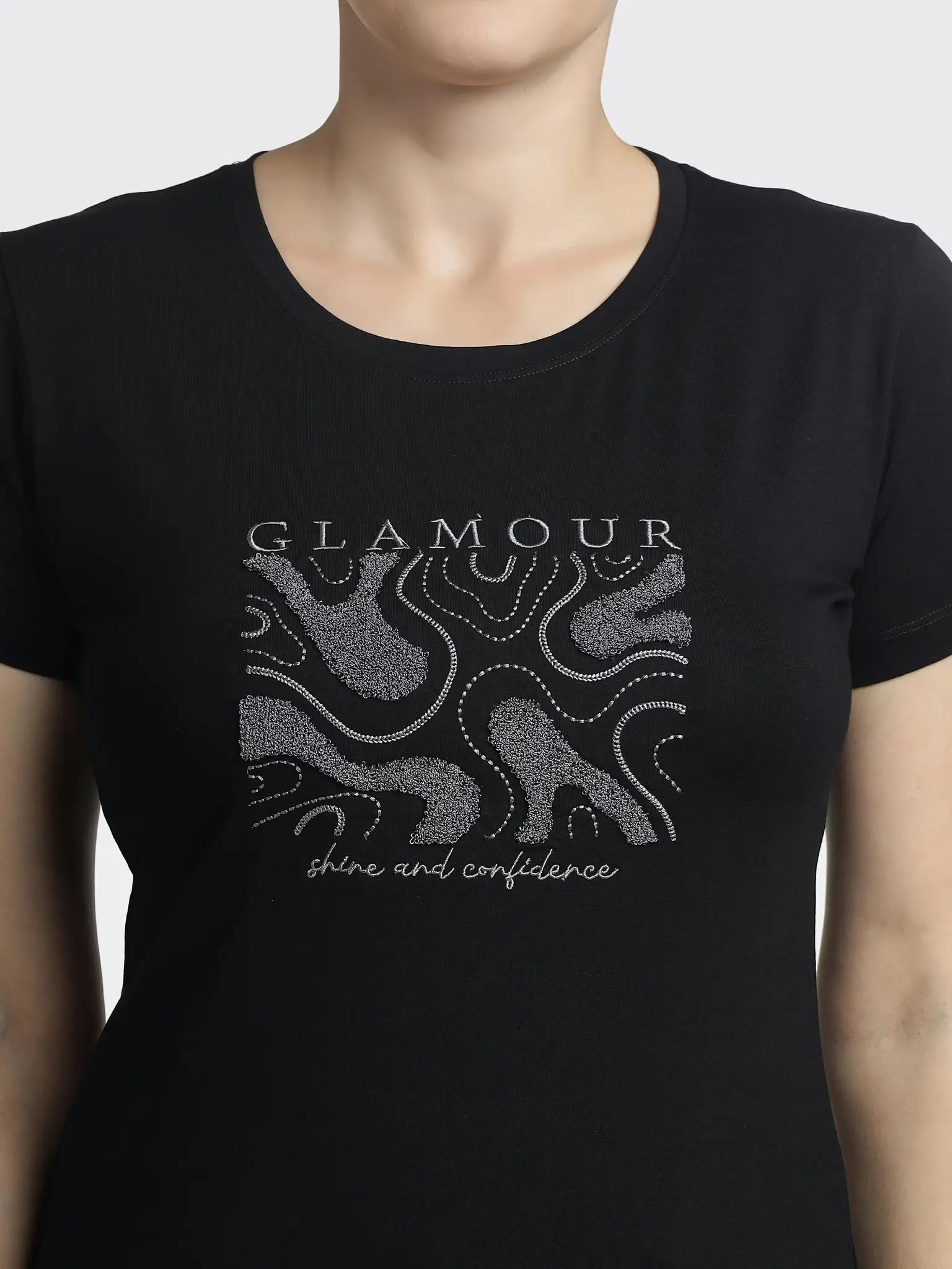 Women's Embroidered Printed T-Shirt - Glamour Round-Neck Tee - ASTRON