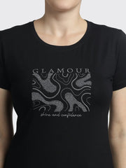 Women's Embroidered Printed T-Shirt - Glamour Round-Neck Tee - ASTRON