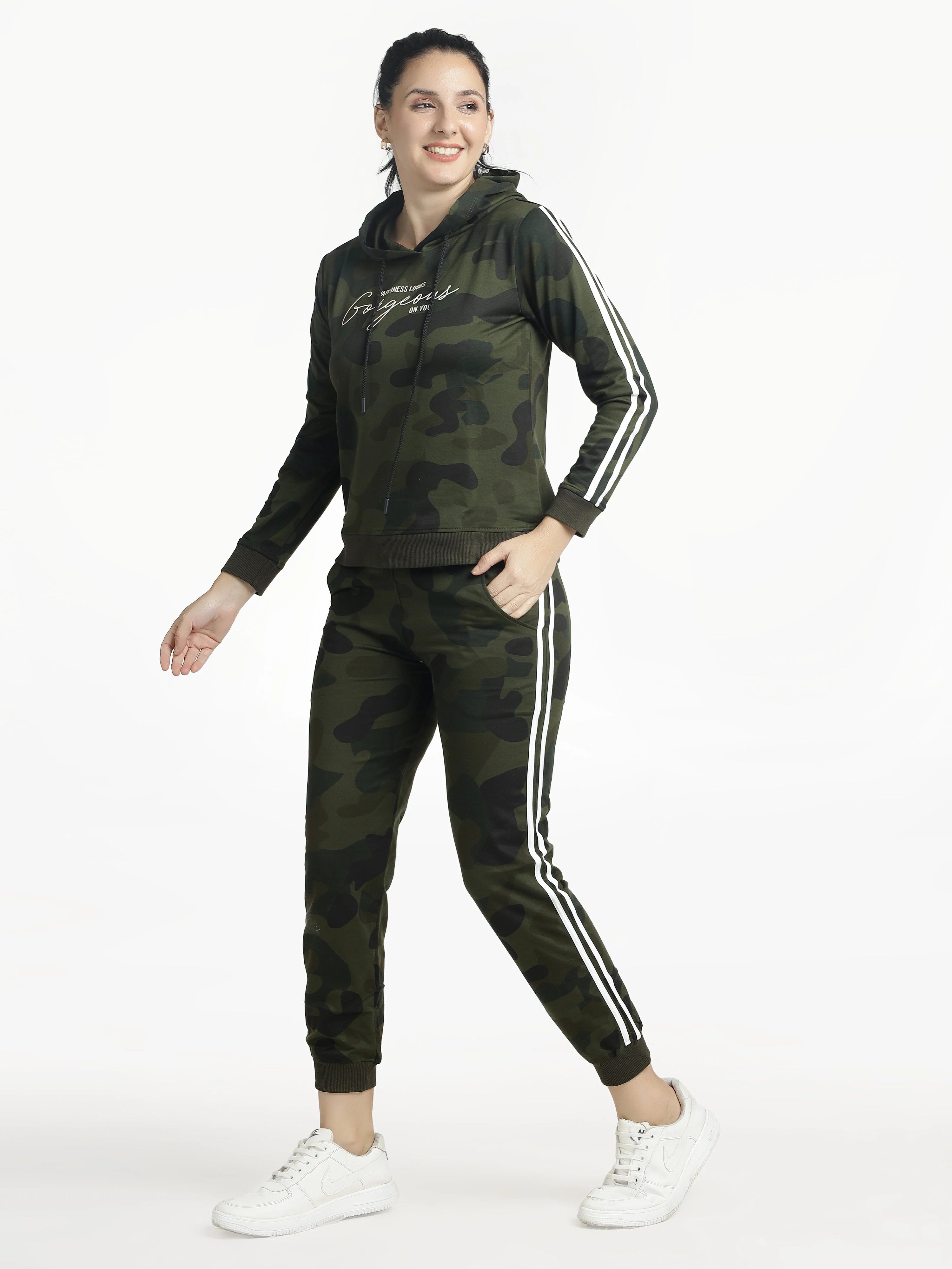Women’s Tracksuit Set-Camouflage Printed Hoodie & Jogger Set