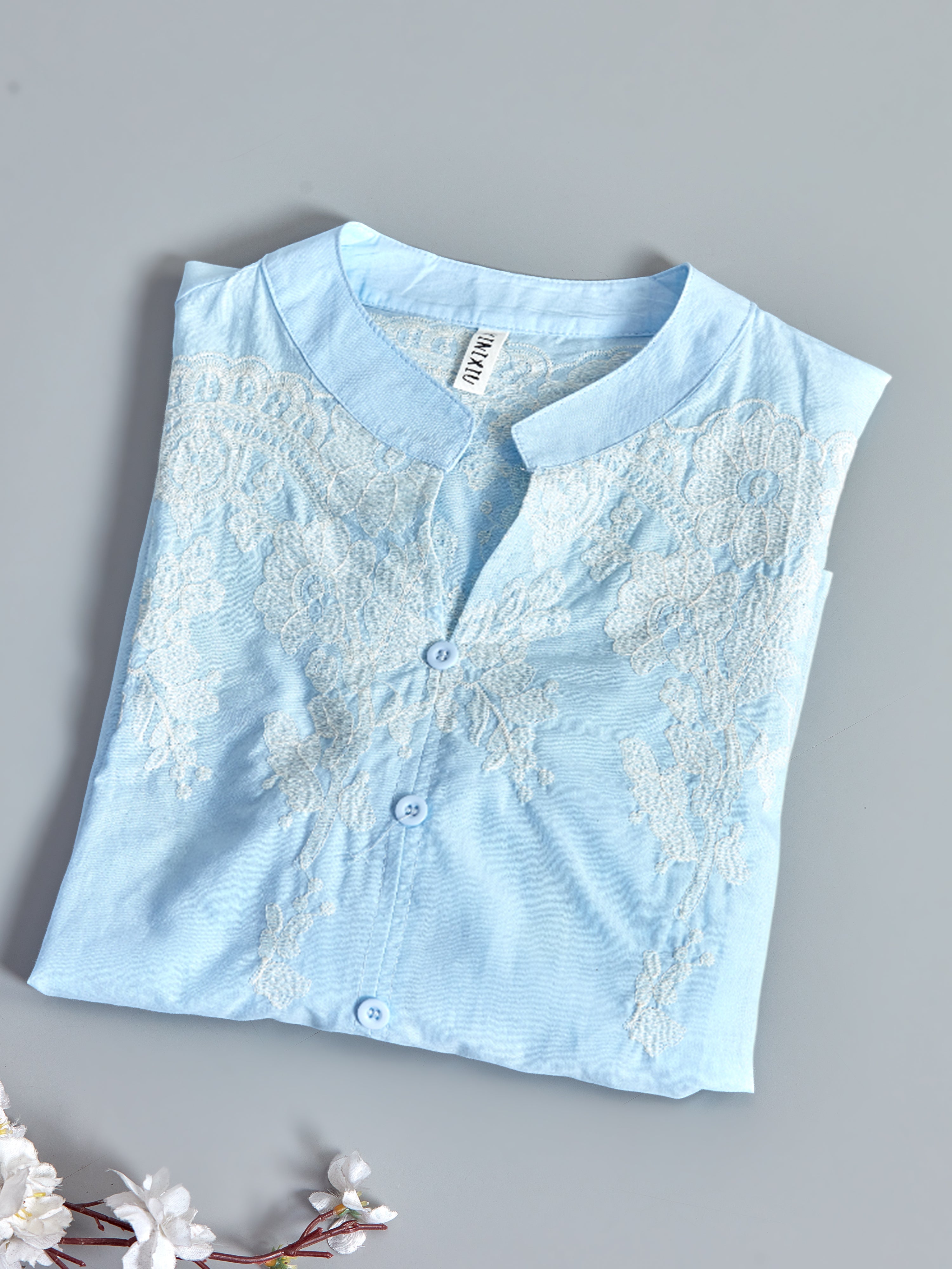 Astron Light Blue Cotton Shirt with Intricate White Floral Embroidery