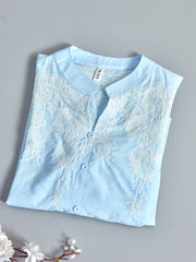 Astron Light Blue Cotton Shirt with Intricate White Floral Embroidery
