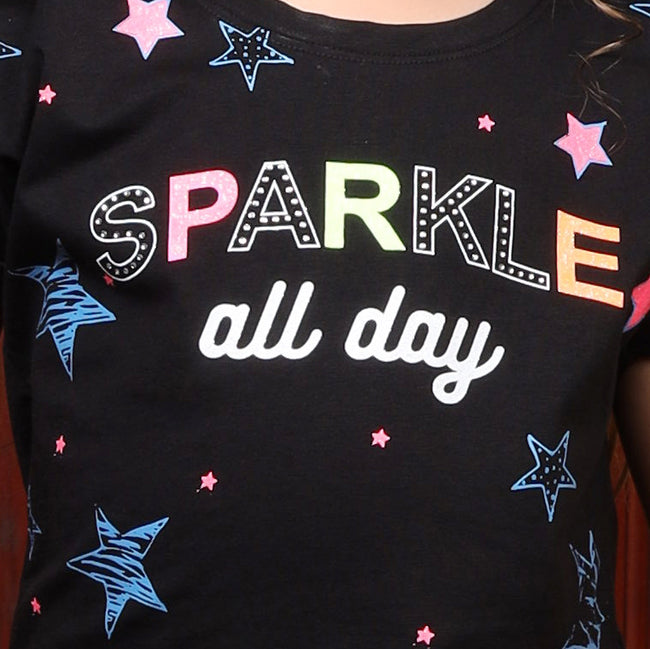 Sparkle Print Girl's Round Neck Half Sleeves T-shirt