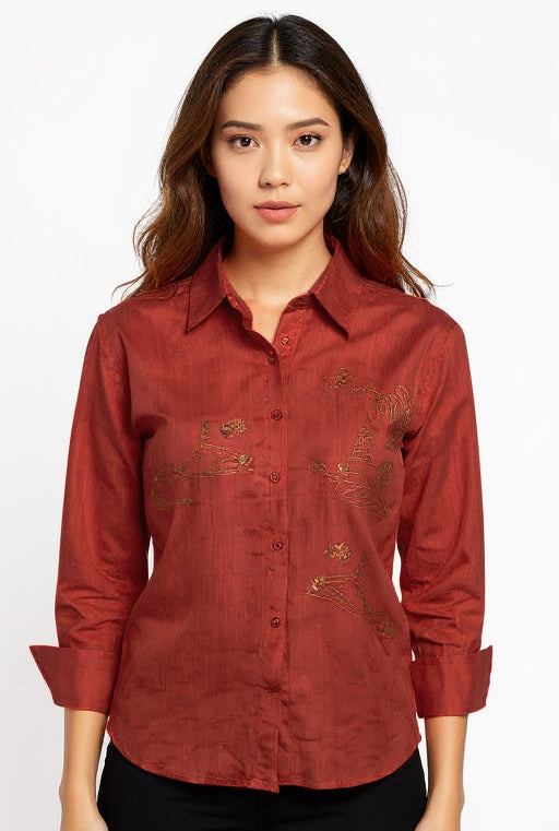 Astron – Rust Embroidered Shirt with Sequin Accents