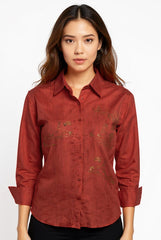 Astron – Rust Embroidered Shirt with Sequin Accents