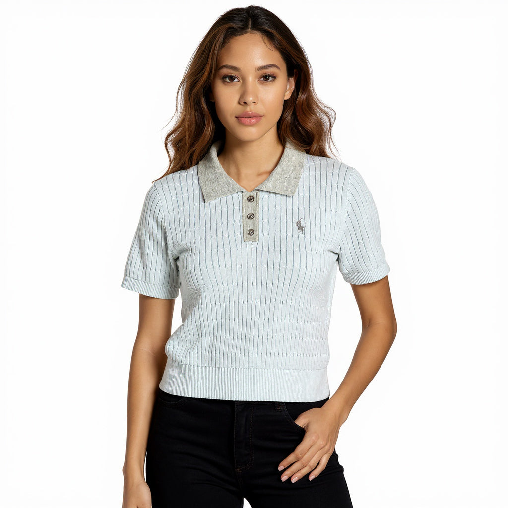 Astron - Ribbed Knit Polo Shirt with Collar