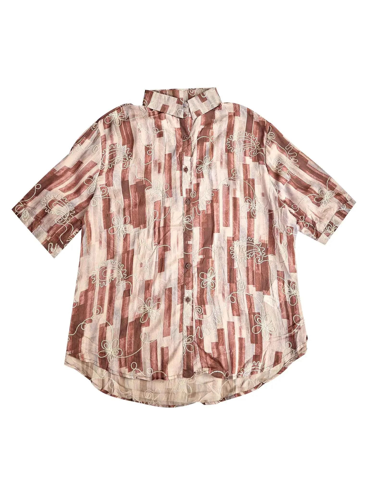 Astron – Burgundy & Taupe Geometric Print Shirt with Embroidery