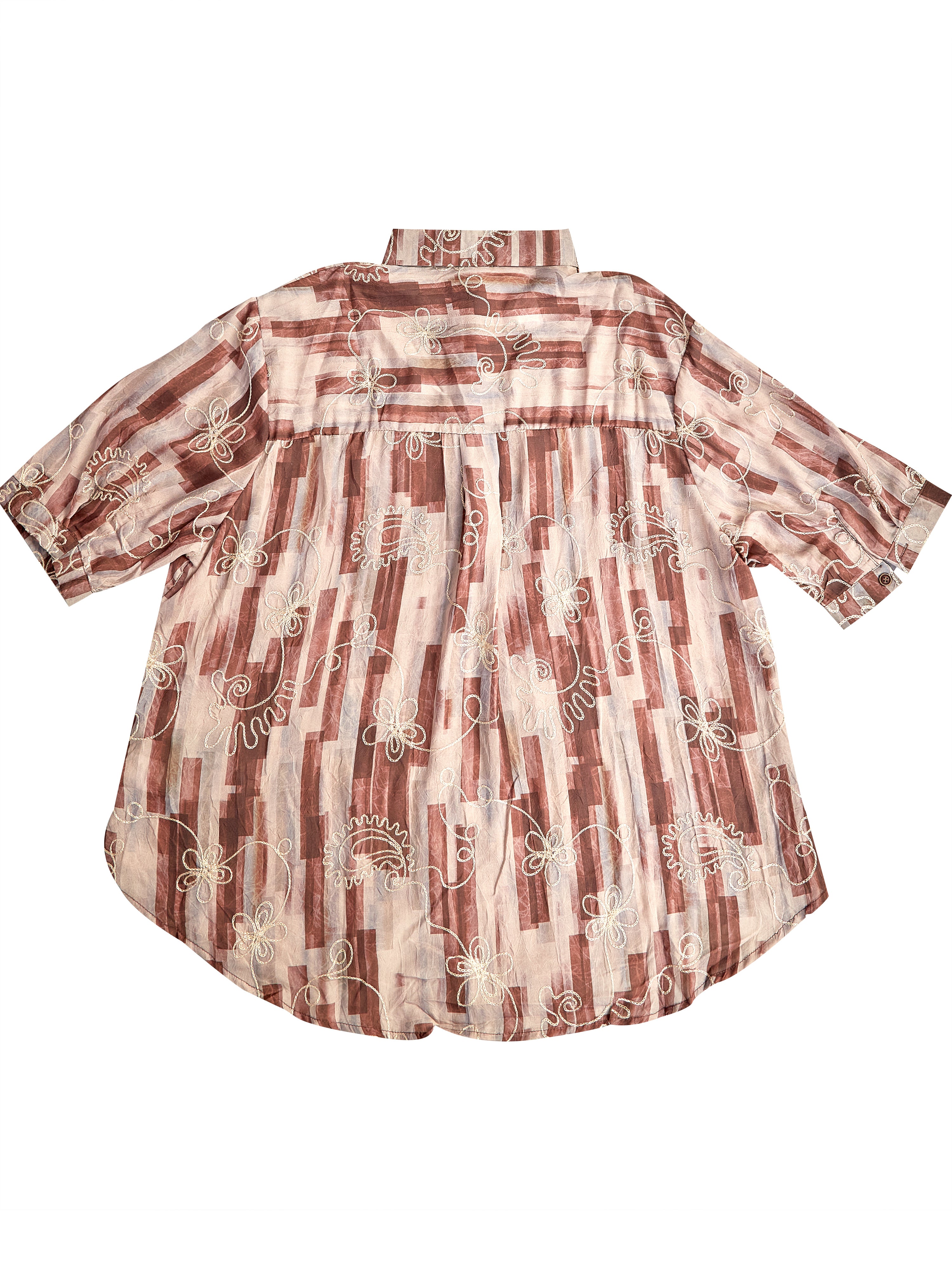 Astron – Burgundy & Taupe Geometric Print Shirt with Embroidery