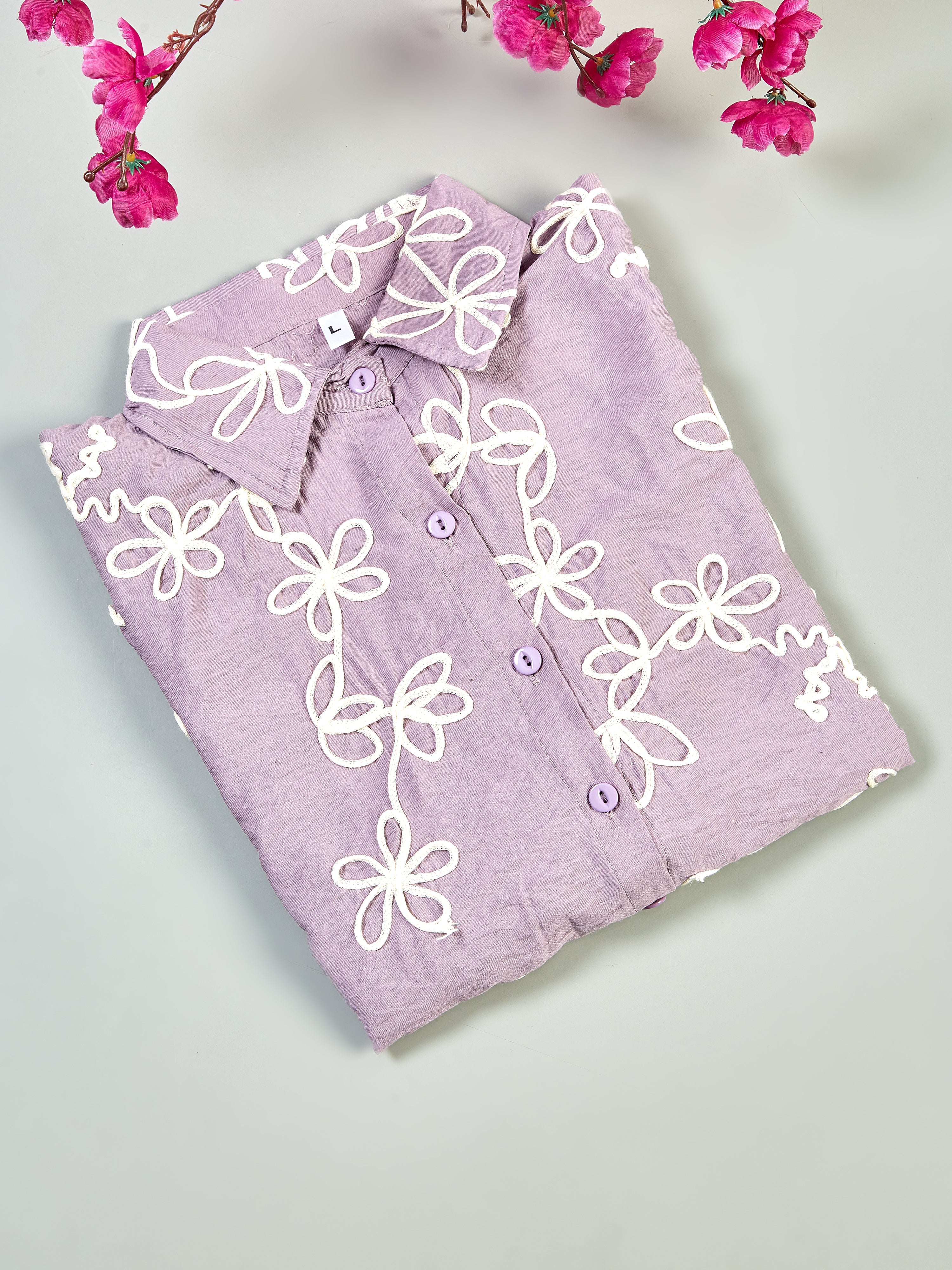 Astron - Lavender Floral Embroidered Button-Down Shirt