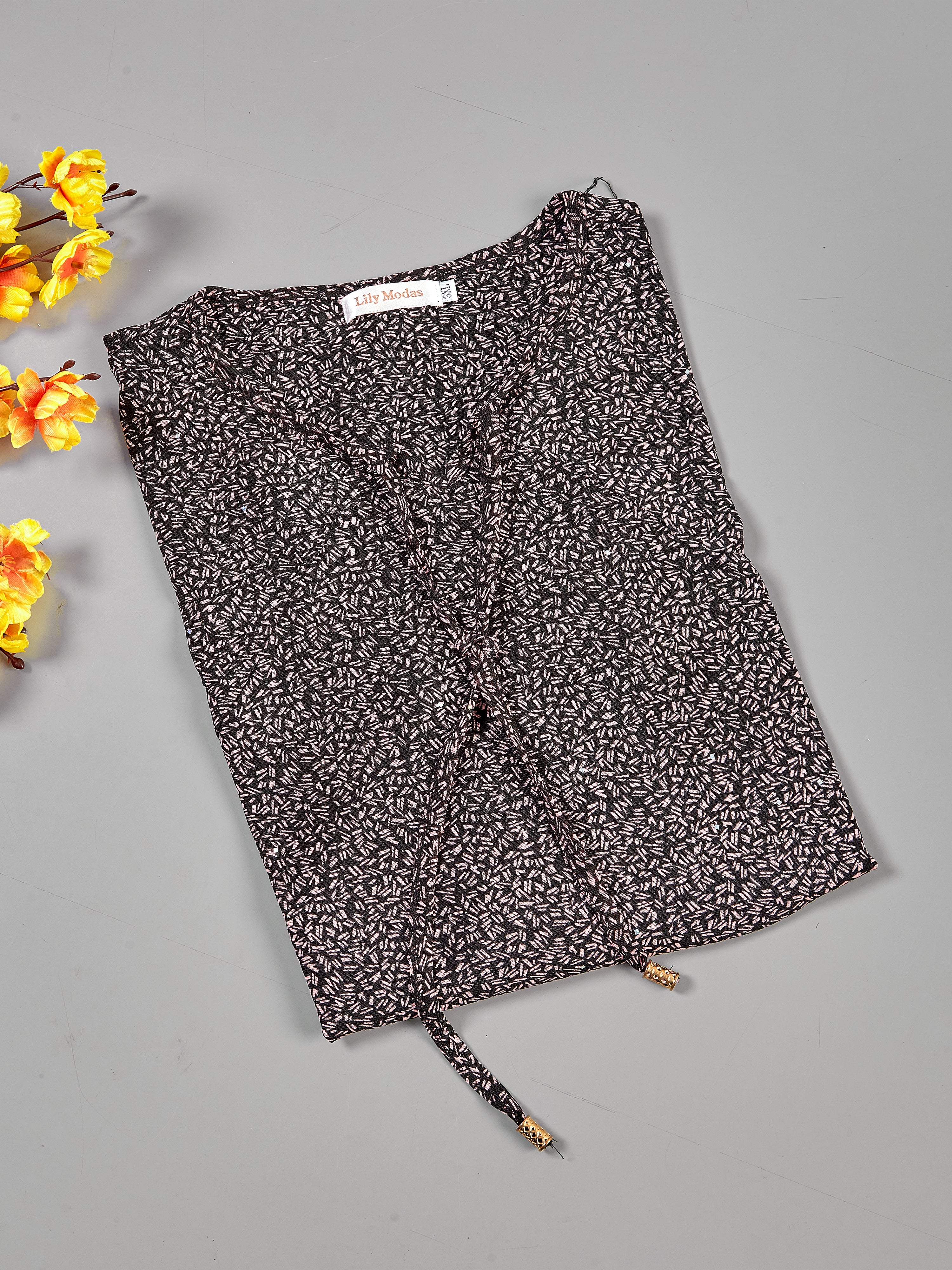 Astron – Black Textured Top with Bell Sleeves