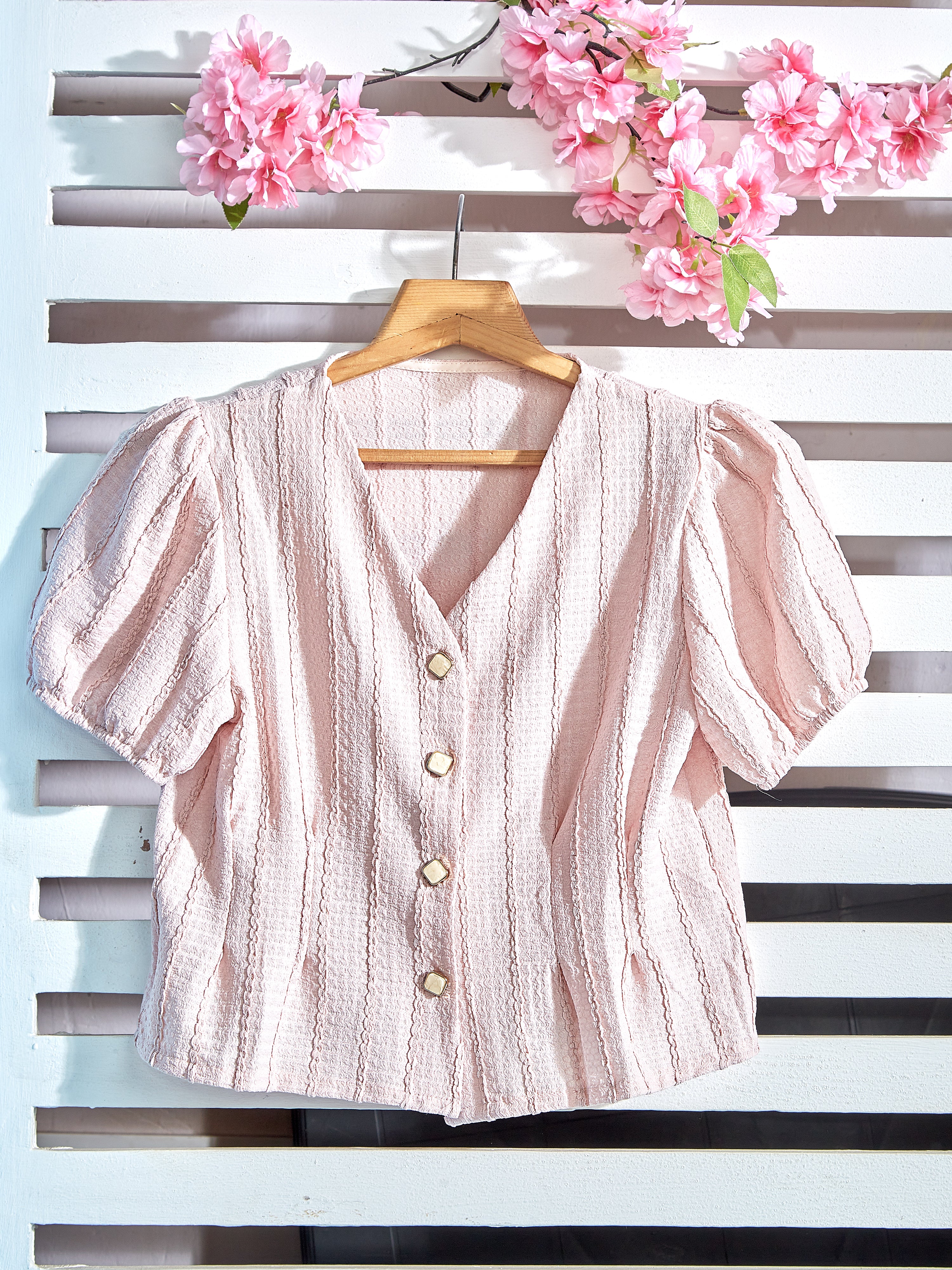 Astron – Blush Pink Textured Blouse with Pintuck Detailing