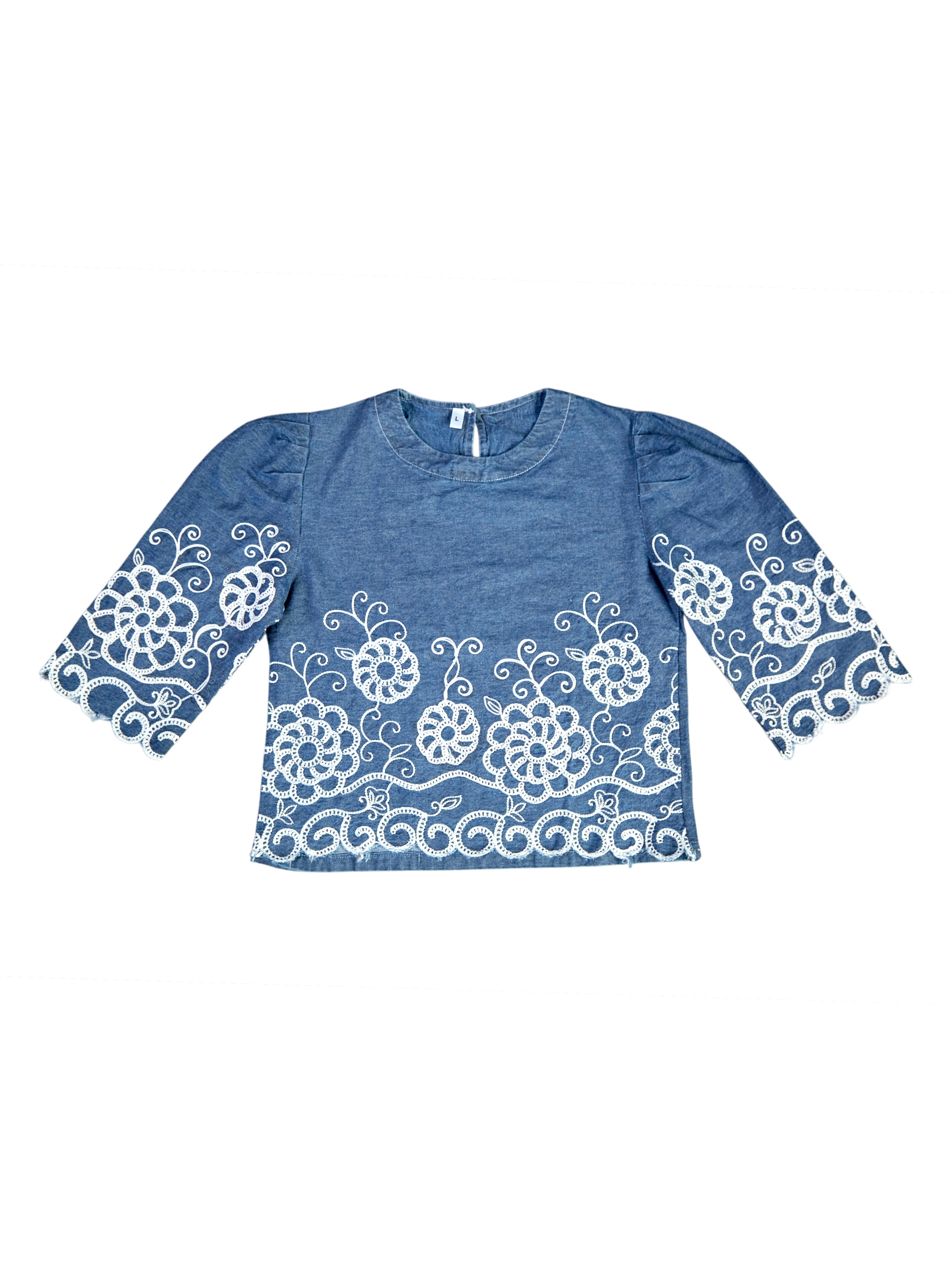 Astron – Denim Cropped Top with Floral Lace Embroidery