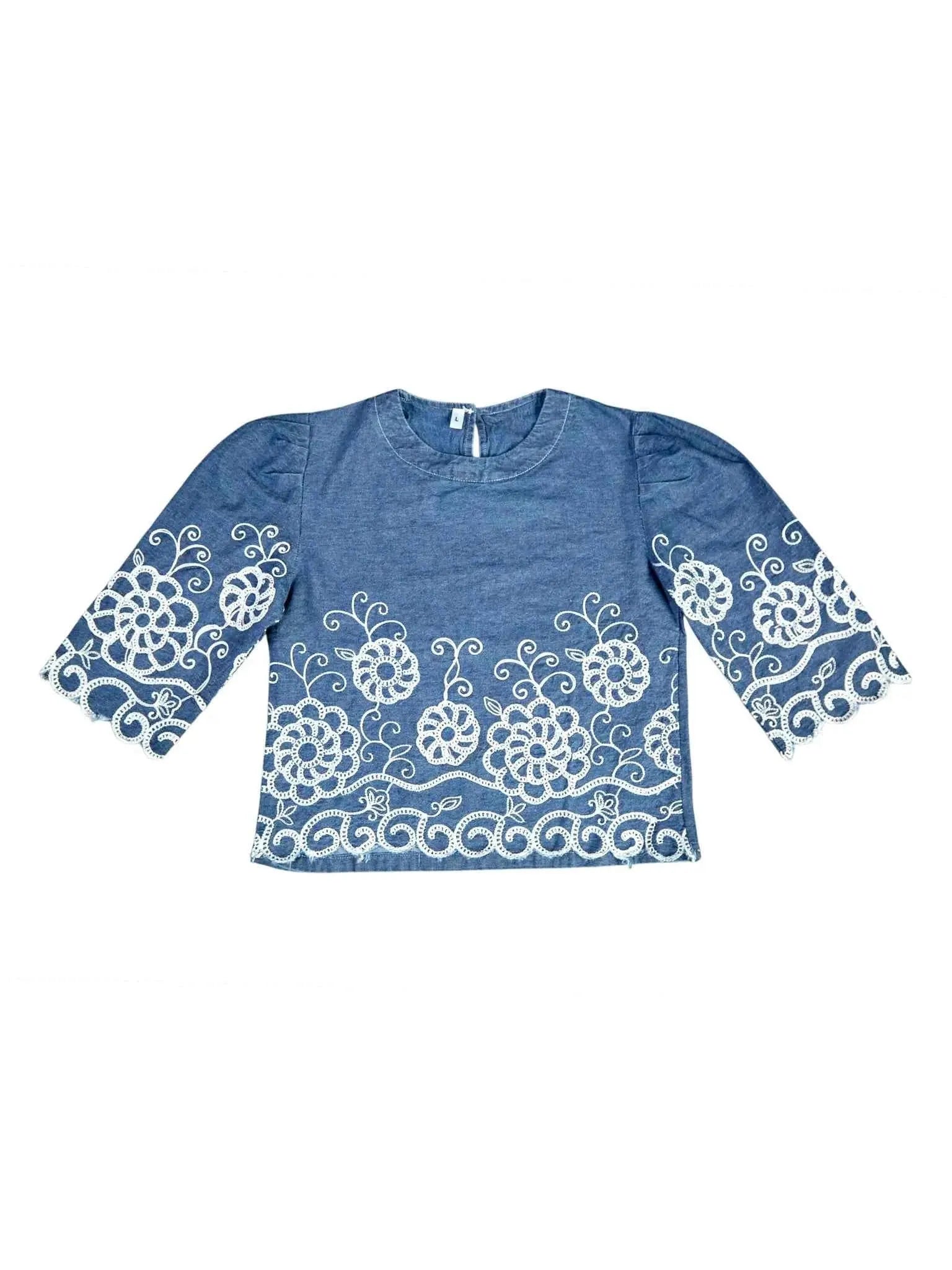 Astron – Denim Cropped Top with Floral Lace Embroidery