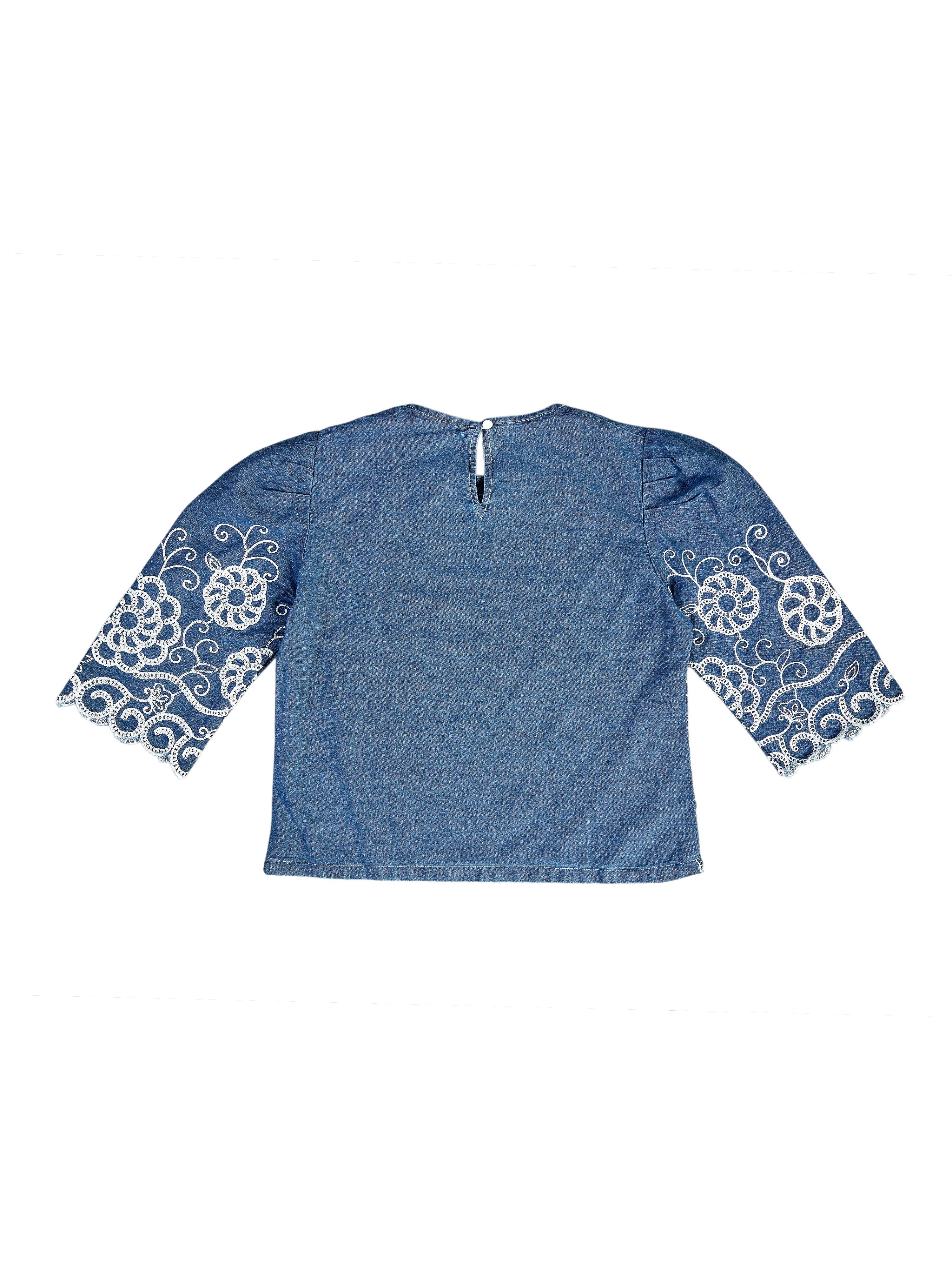 Astron – Denim Cropped Top with Floral Lace Embroidery