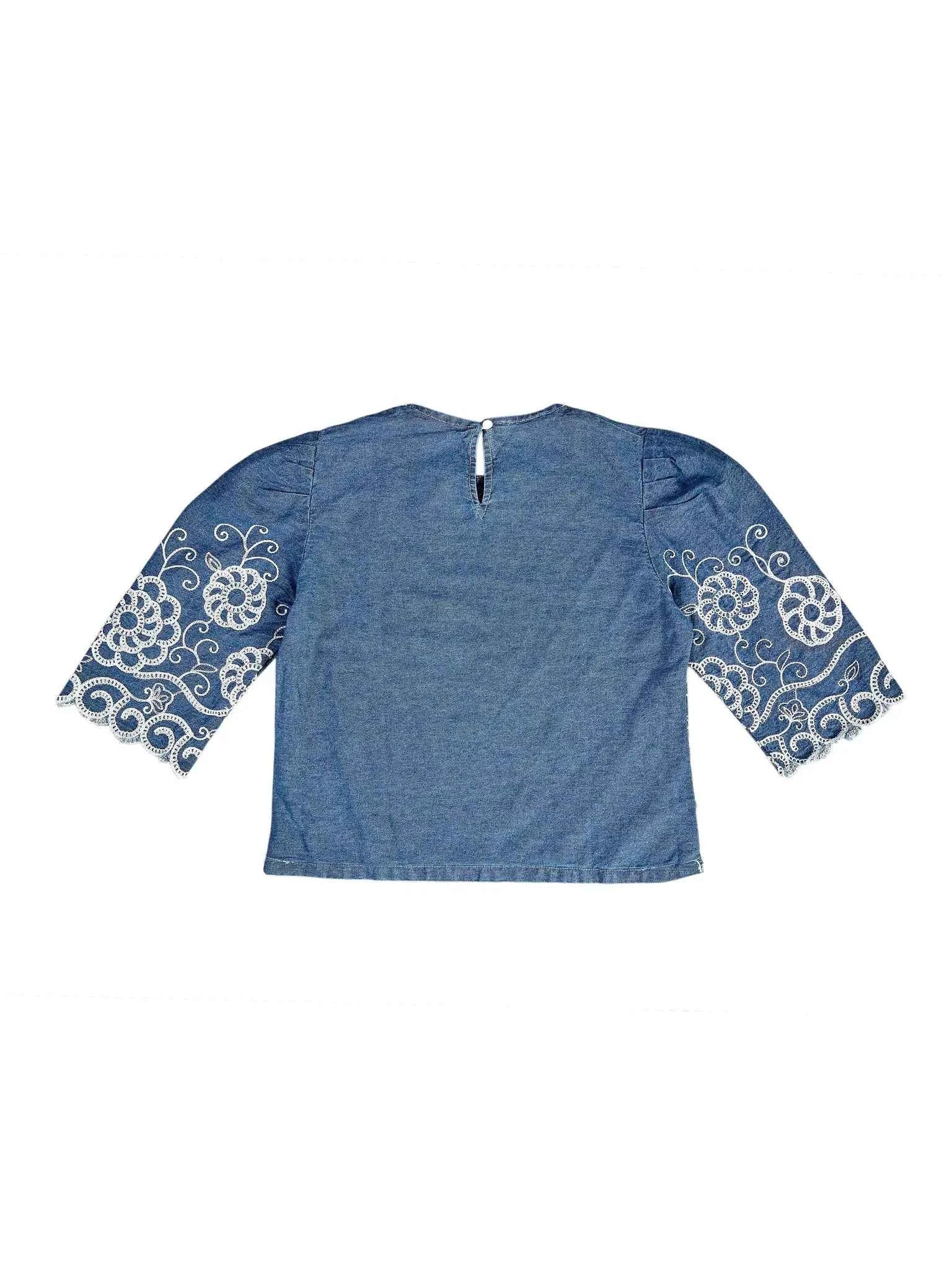 Astron – Denim Cropped Top with Floral Lace Embroidery