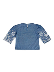 Astron – Denim Cropped Top with Floral Lace Embroidery