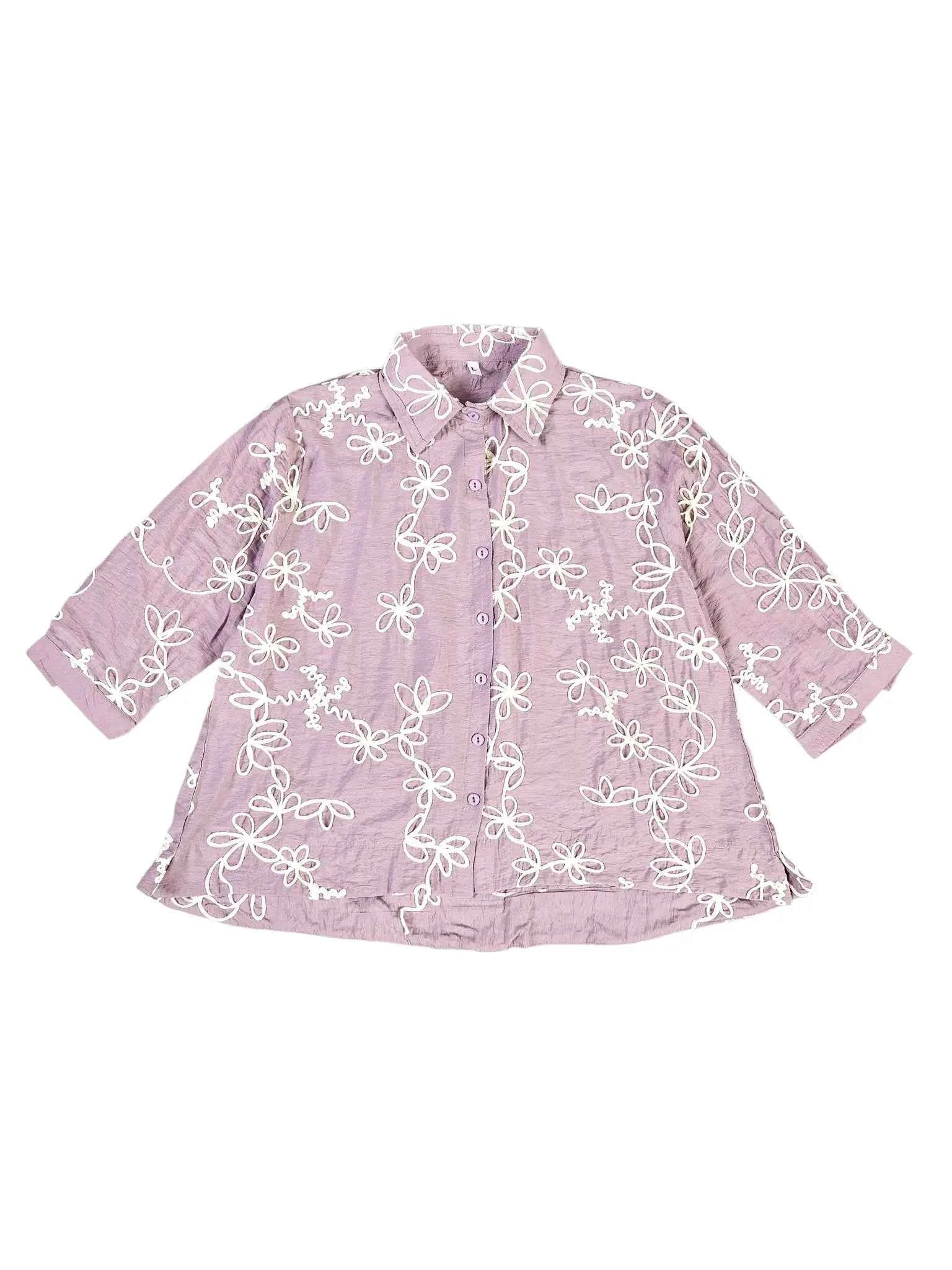 Astron - Lavender Floral Embroidered Button-Down Shirt