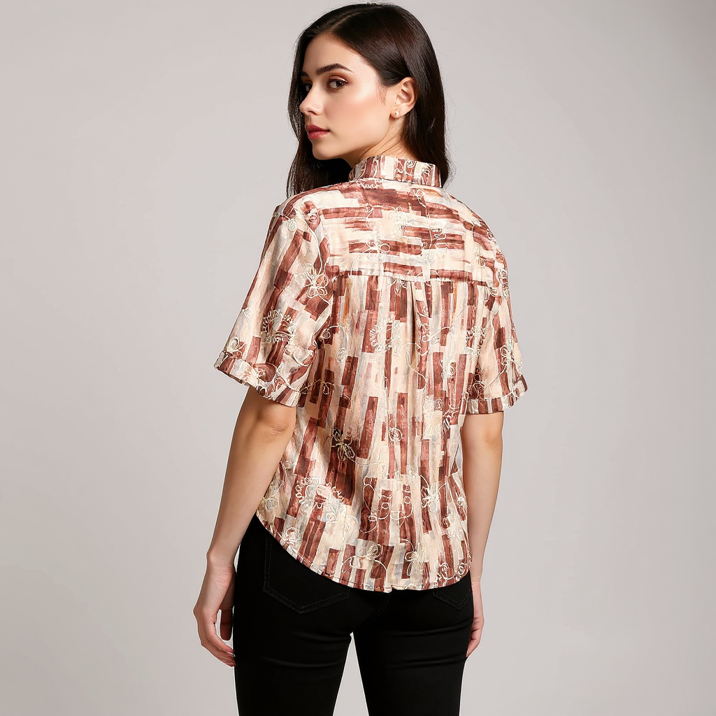 Astron – Burgundy & Taupe Geometric Print Shirt with Embroidery