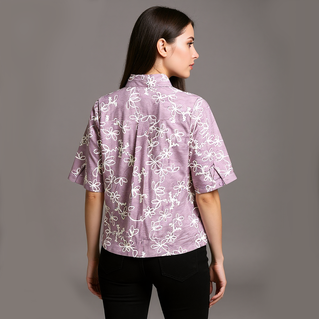 Astron - Lavender Floral Embroidered Button-Down Shirt
