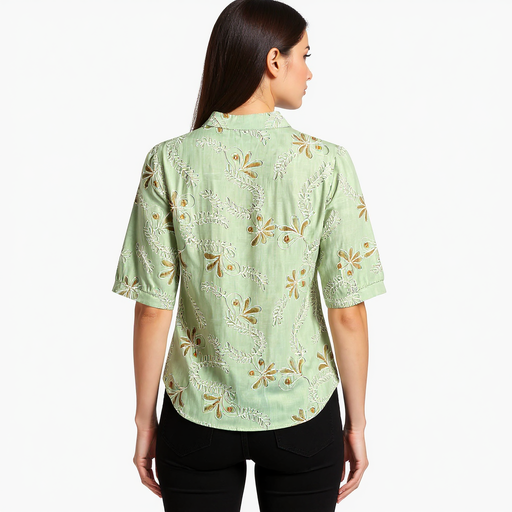 Astron- Tropical Leaf Cotton Button-Down Shirt For Women
