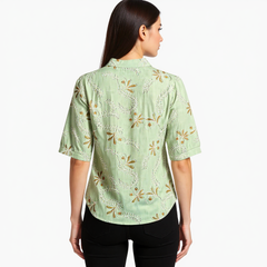 Astron- Tropical Leaf Cotton Button-Down Shirt For Women