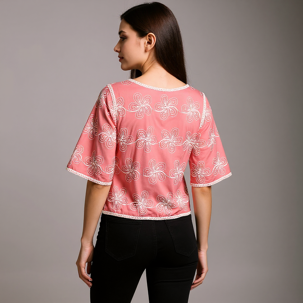 Astron – Crop Top with White Floral Embroidery