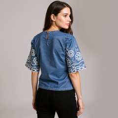 Astron – Denim Cropped Top with Floral Lace Embroidery