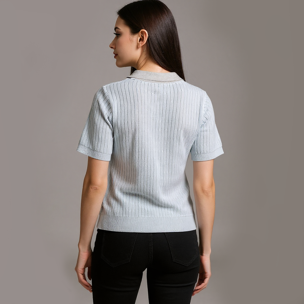 Astron - Ribbed Knit Polo Shirt with Collar