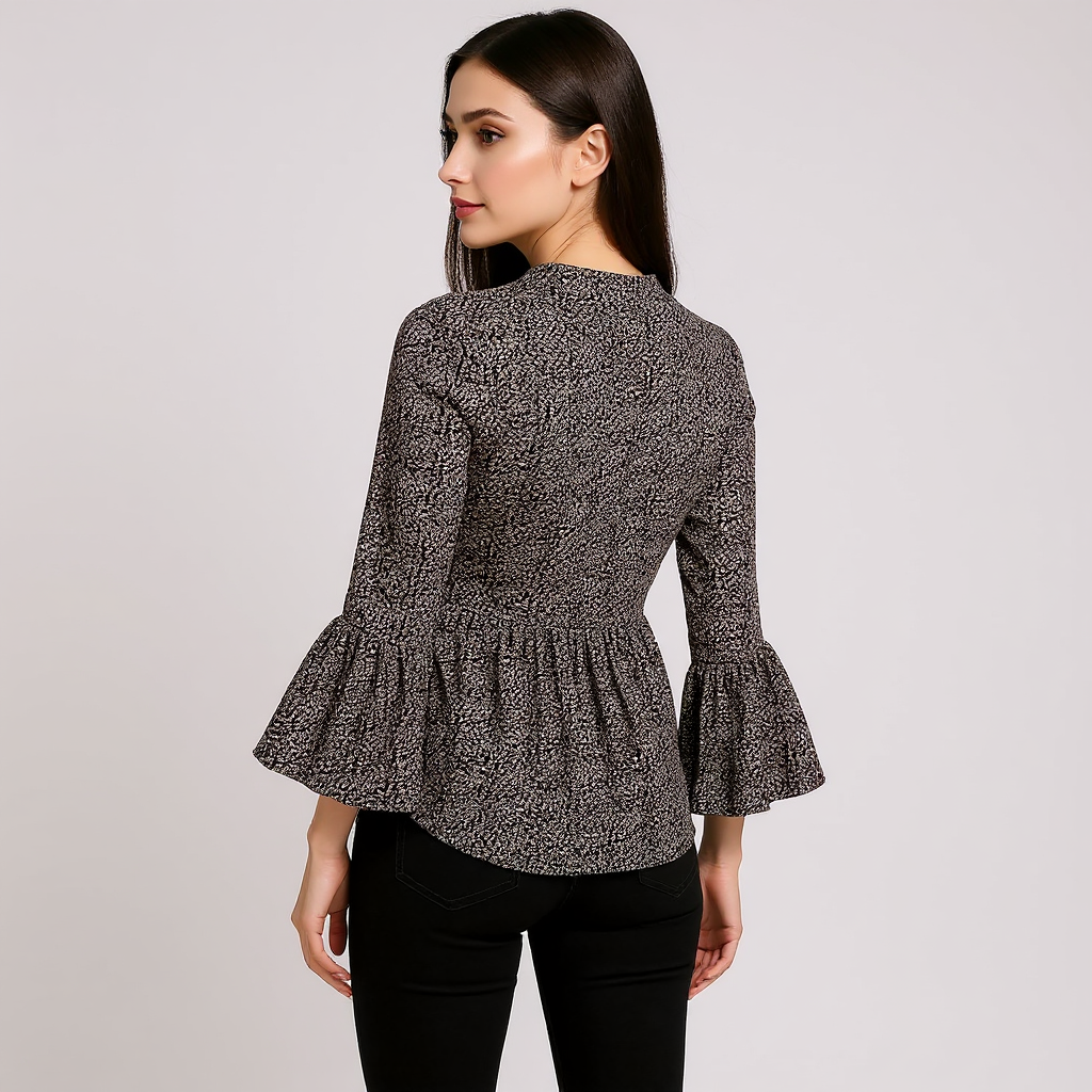 Astron – Black Textured Top with Bell Sleeves