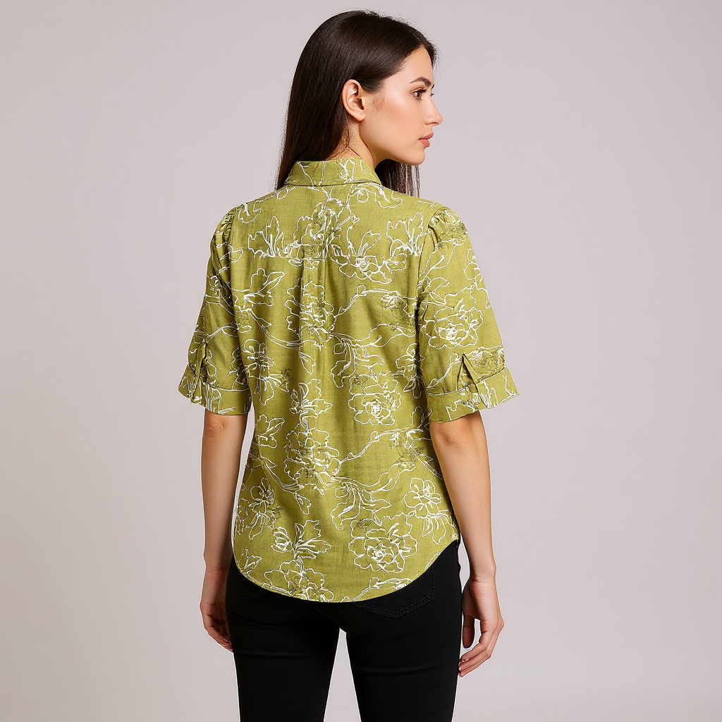 Astron - Olive Green Floral Embroidered Shirt For Women