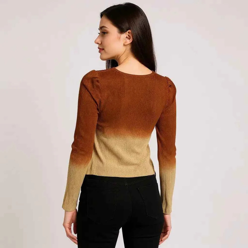 Astron Brown Ombre V Neck Ribbed Women’s Top
