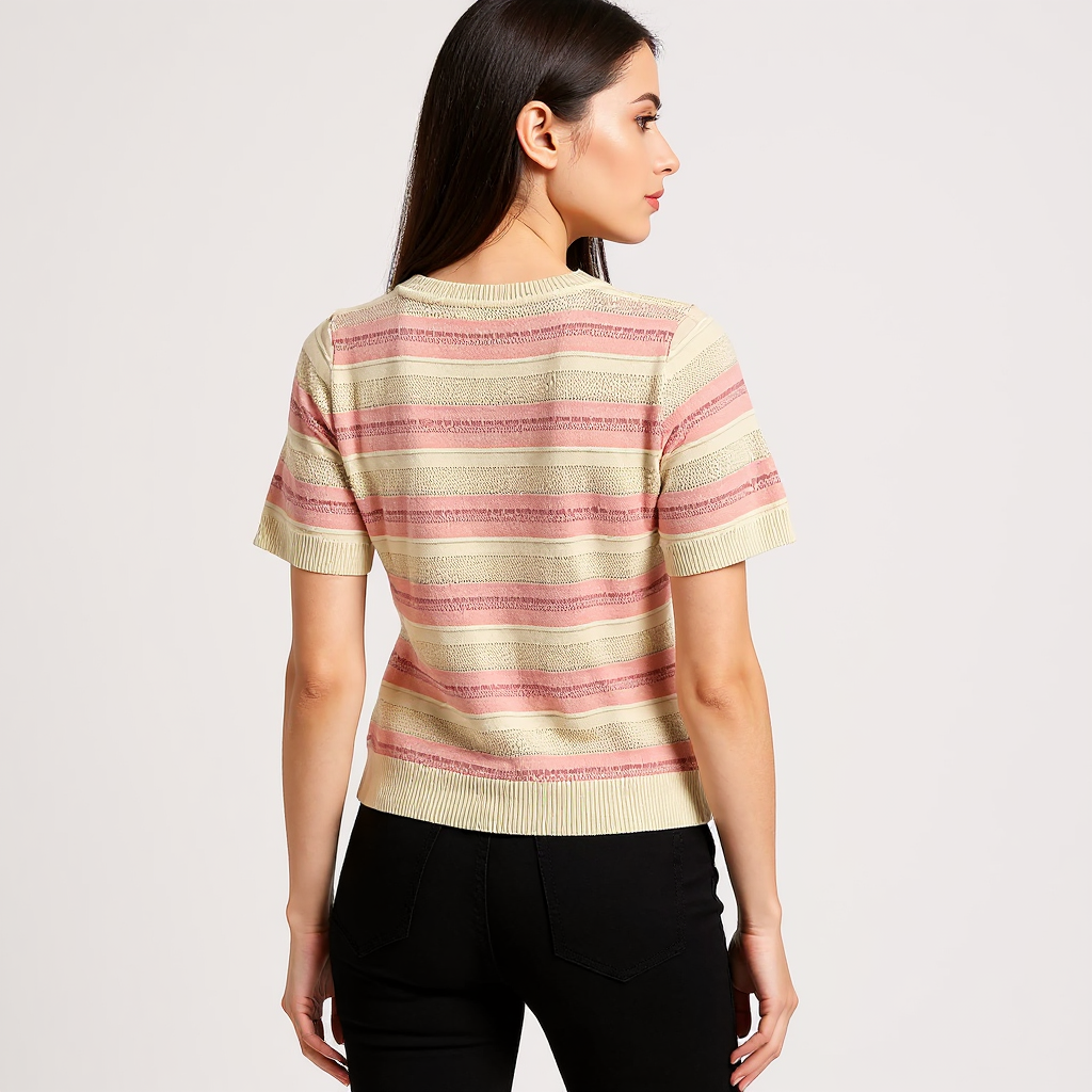 Astron - Striped Knit Short-Sleeve Top with Ribbed Crew Neckline